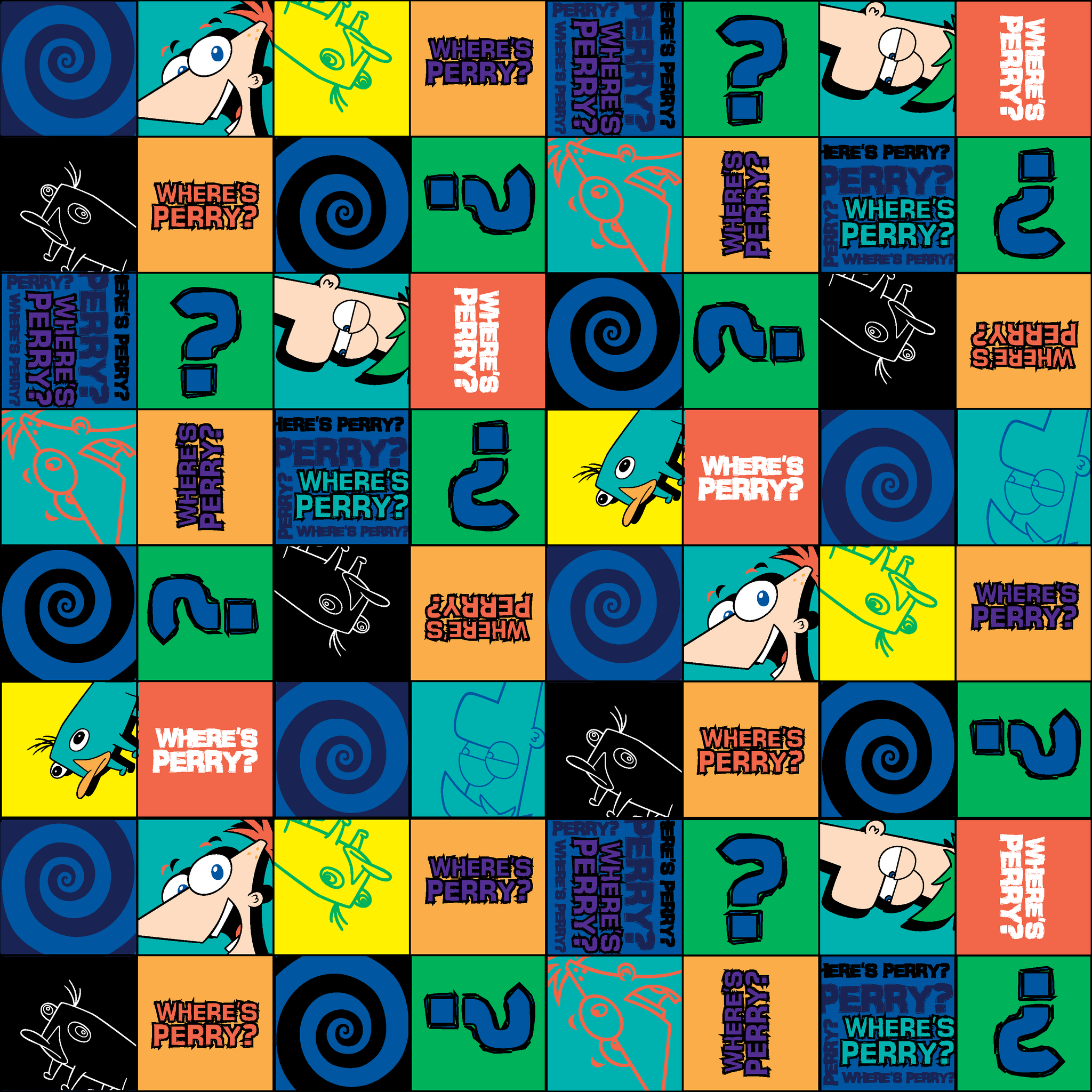 Colorful grid pattern with Phineas and Ferb cartoon characters, logos, question marks, and spirals in blue, green, and orange squares. tiled preview square