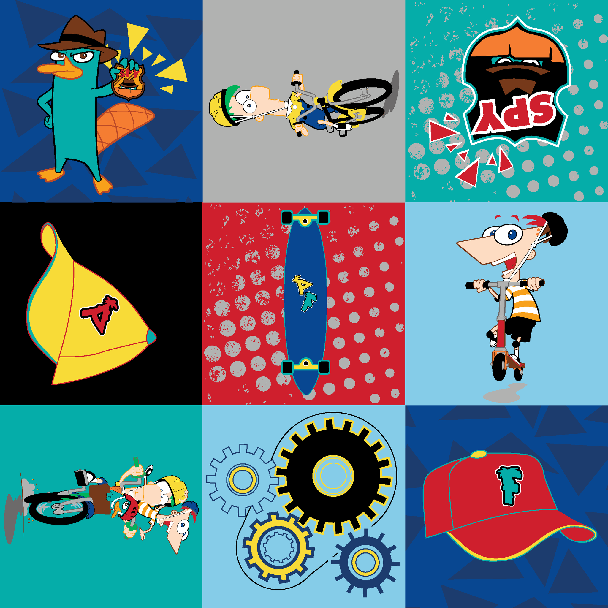 Phineas and Ferb cartoon characters in 9-square grid featuring Perry, logos, and mechanical designs tiled preview square