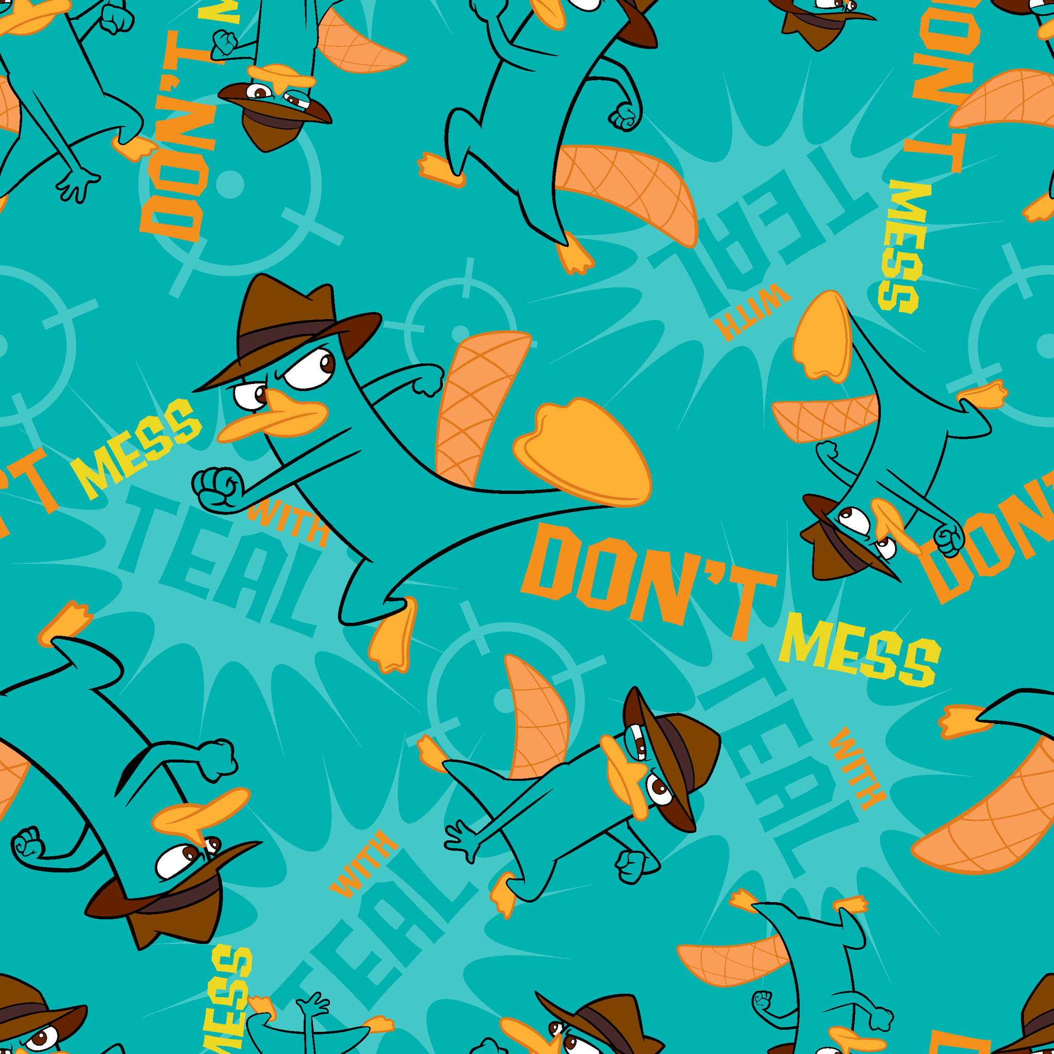 Cartoon pattern of platypus character in fedora hat with orange elements on teal background tiled preview square