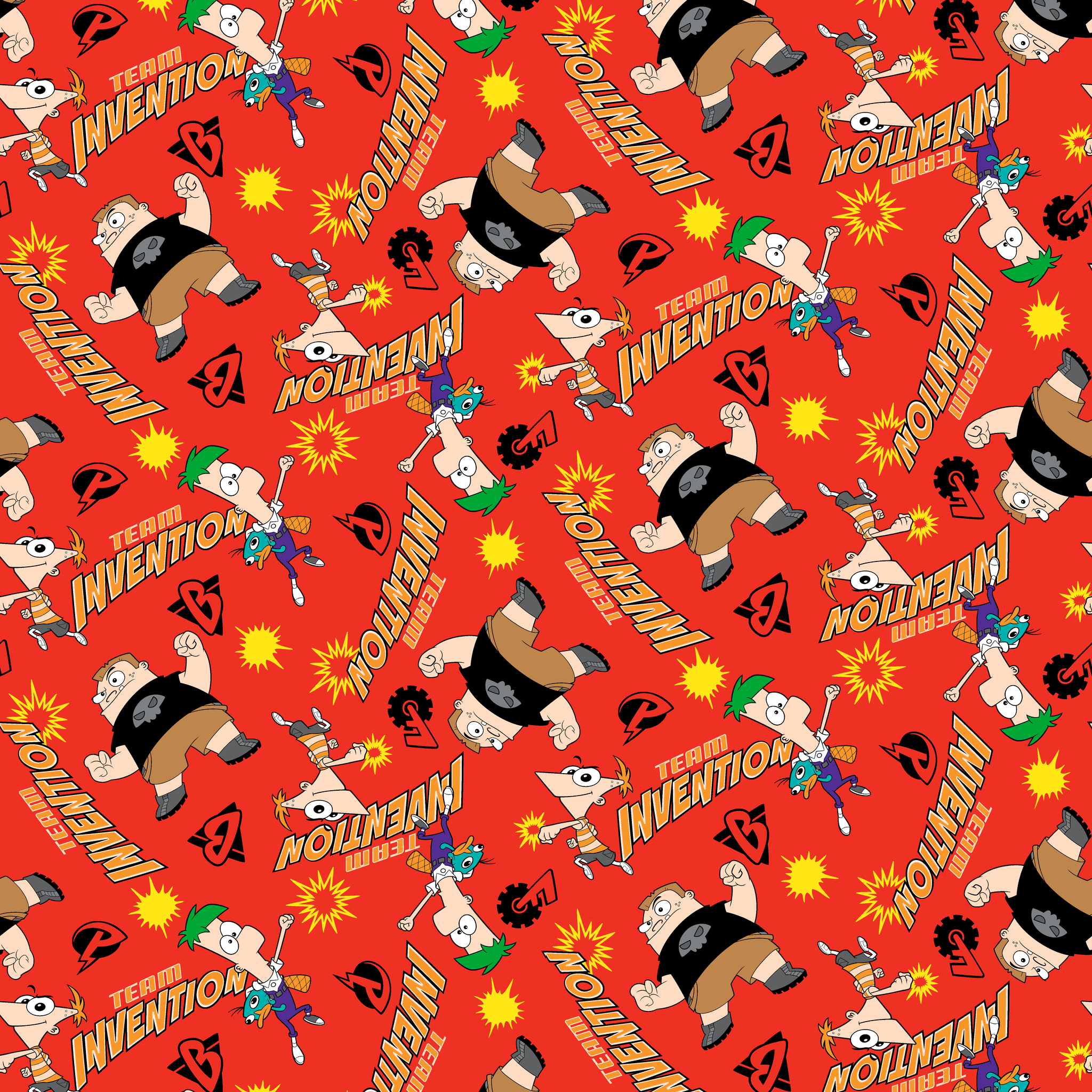 Red background pattern with Phineas and Ferb, text reading "Invention" and "McTheim", yellow starbursts, and comic-style design elements tiled preview square