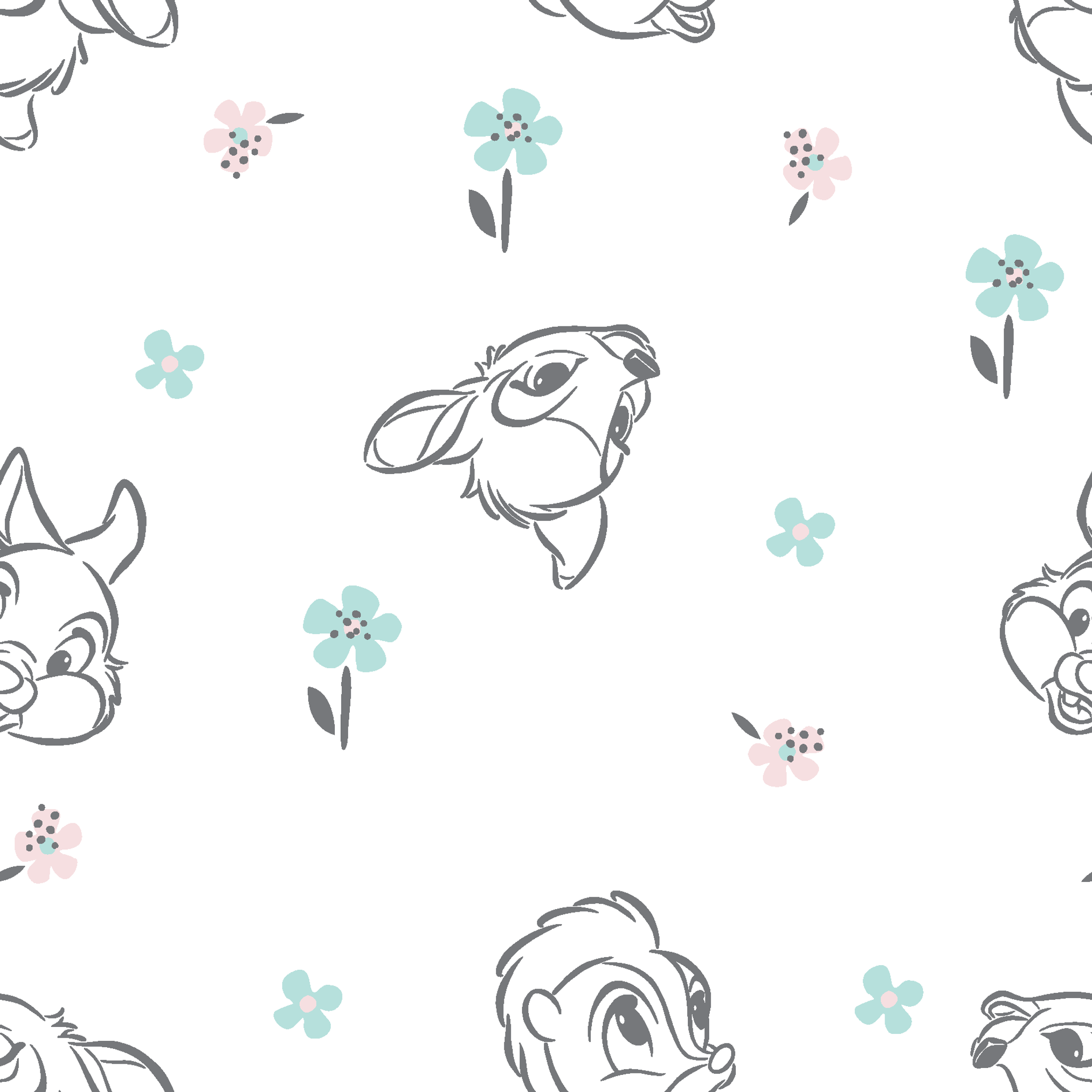 Sketch-style animals from Disney Bambi with pastel flowers on a white background. tiled preview square