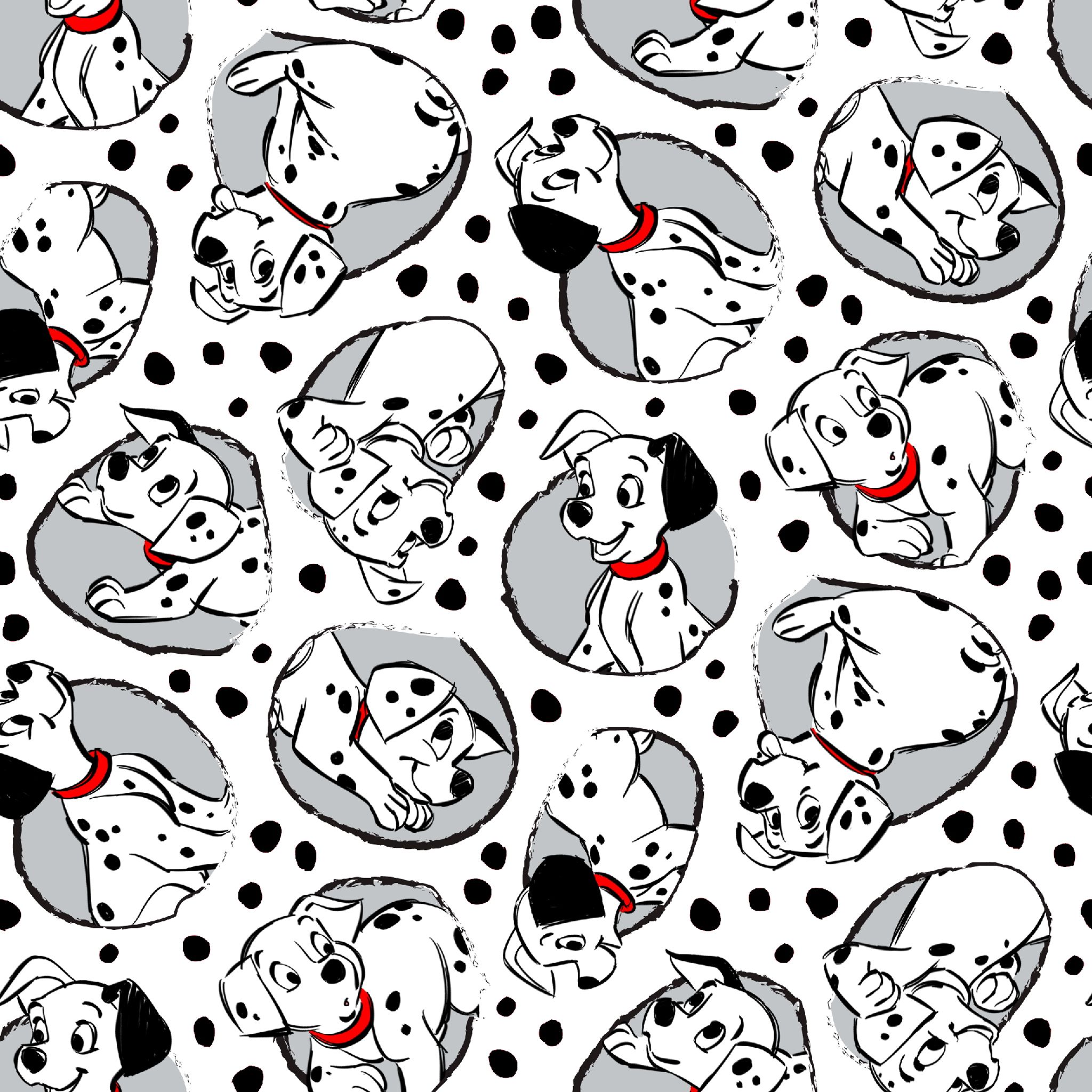 Cartoon pattern of Dalmatian puppies with black spots and red collars on white background tiled preview square