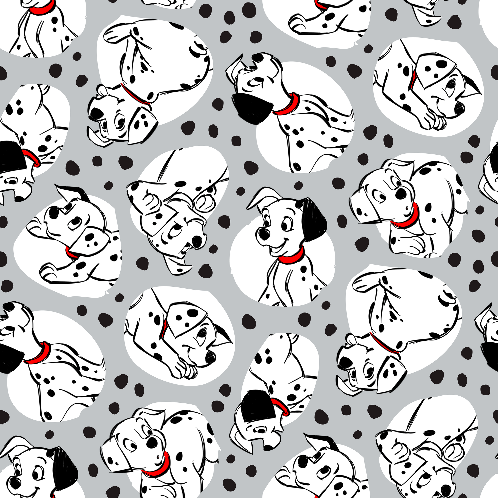 Cartoon Dalmatian dogs with red collars on gray background with black spots pattern tiled preview square