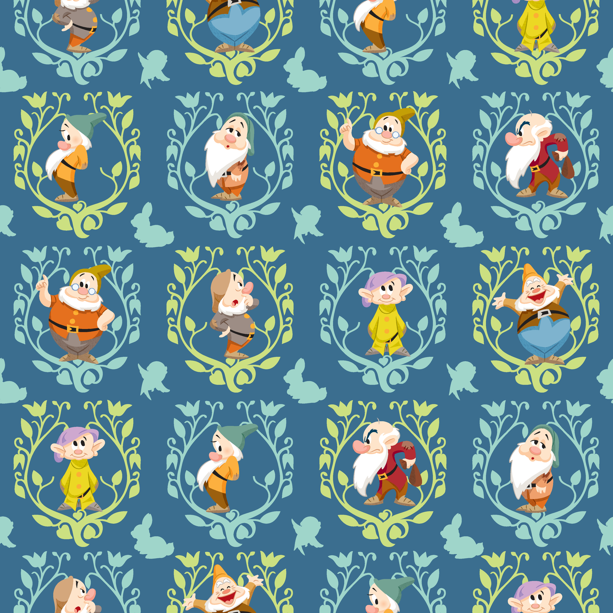 Pattern of cartoon birds in decorative oval frames on blue background with leaf motifs tiled preview square