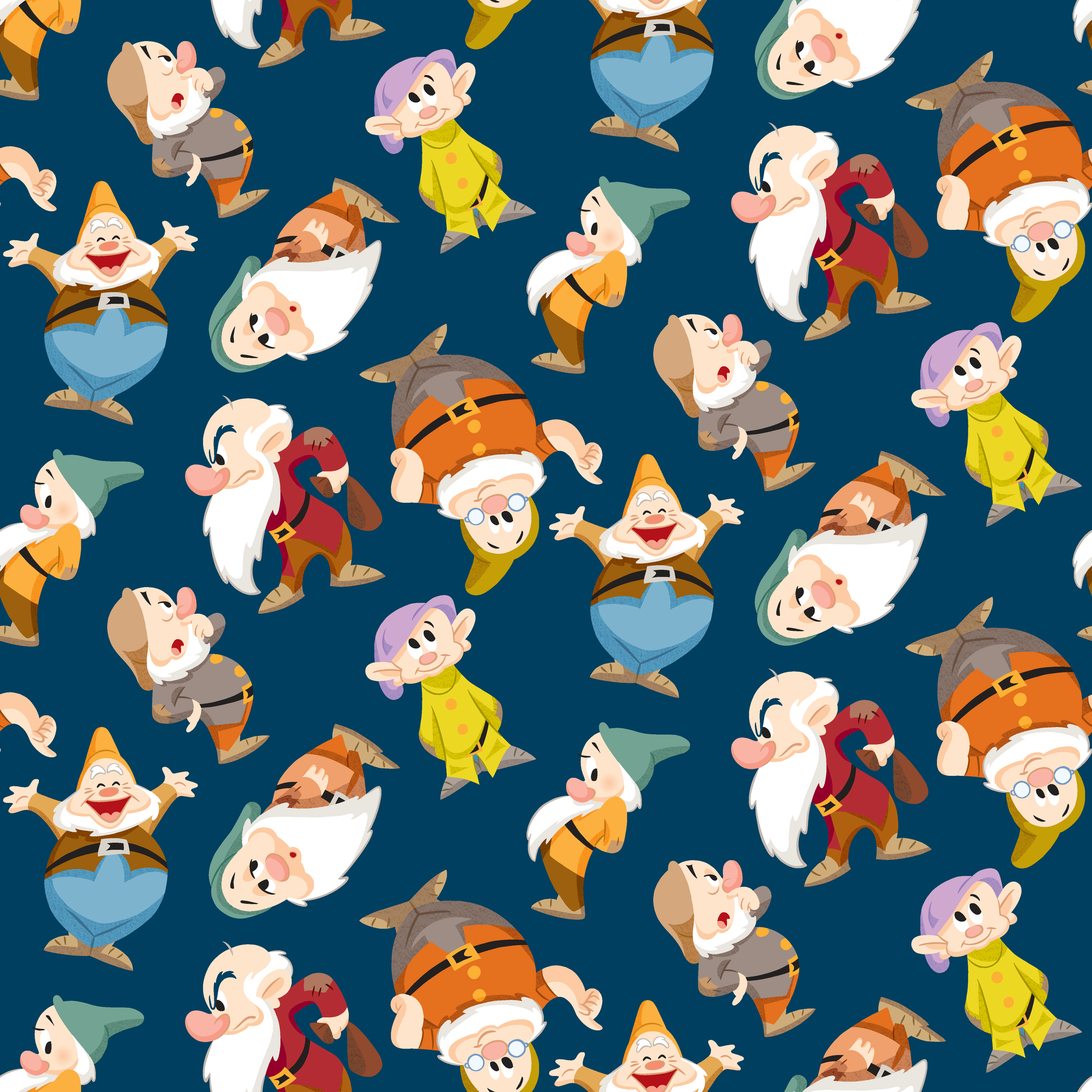 Colorful pattern of cartoon dwarfs in various outfits and poses on a deep blue background tiled preview square