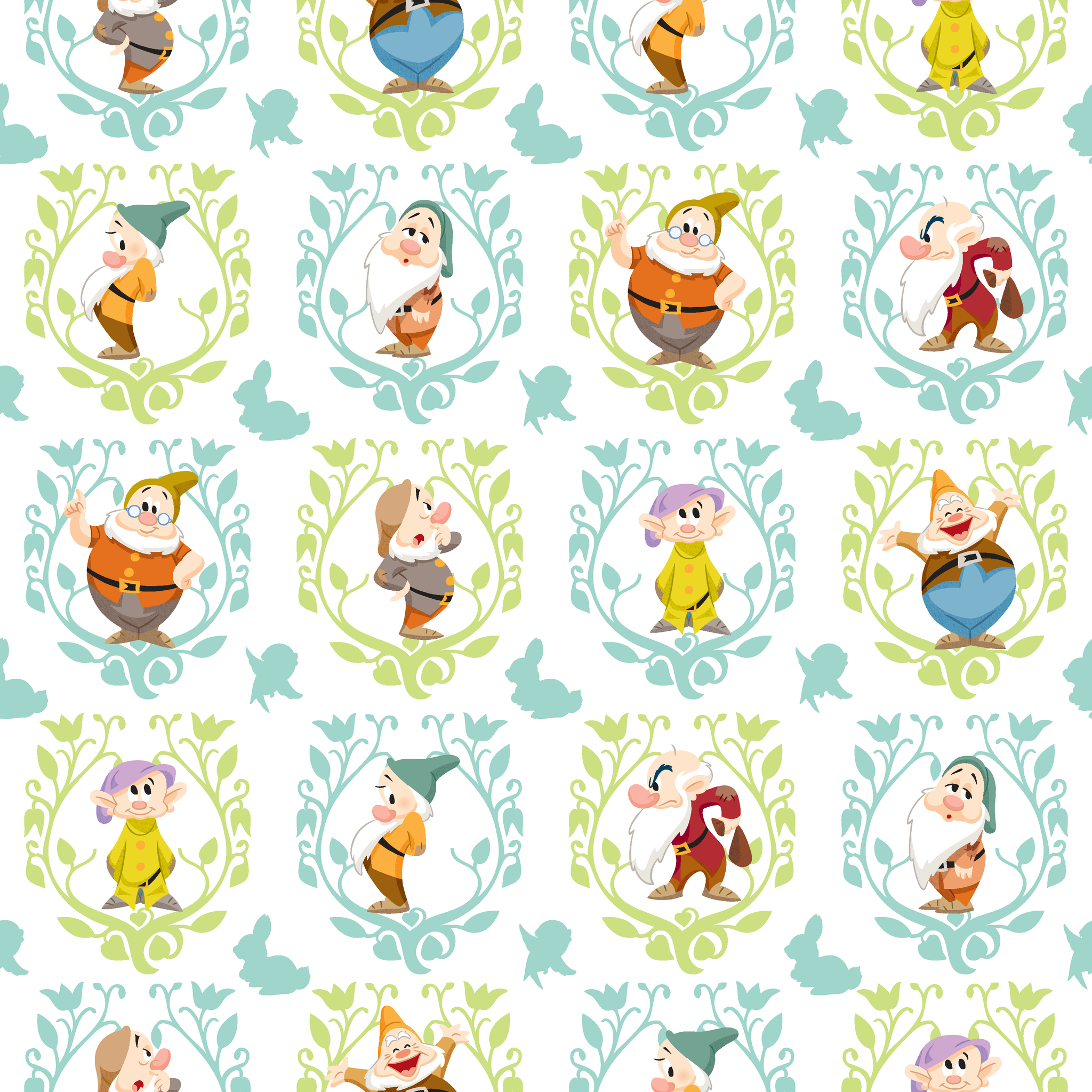 Cartoon pattern of Snow White's seven dwarfs in decorative floral frames on light background tiled preview square