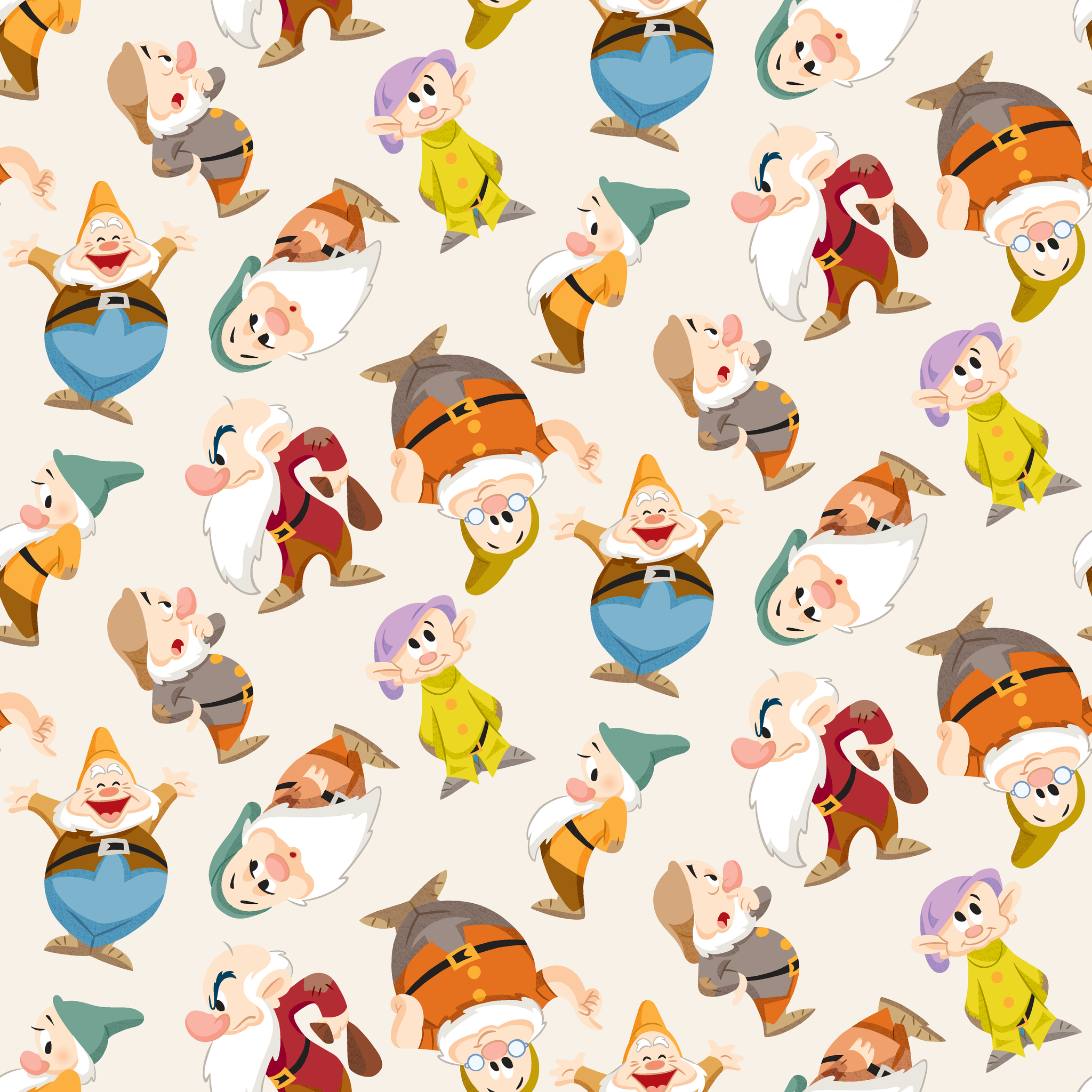 Colorful pattern of small cartoon dwarfs in different colored outfits and hats scattered on cream background tiled preview square