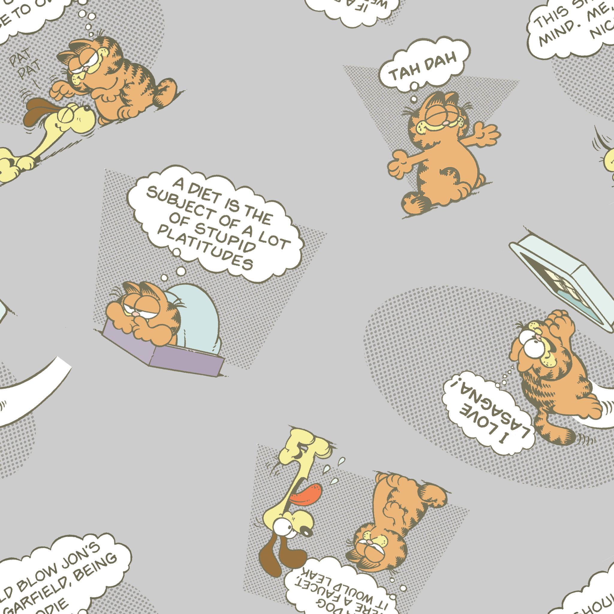 Cartoon Garfield pattern with various poses of the orange cat and speech bubbles on gray background tiled preview square