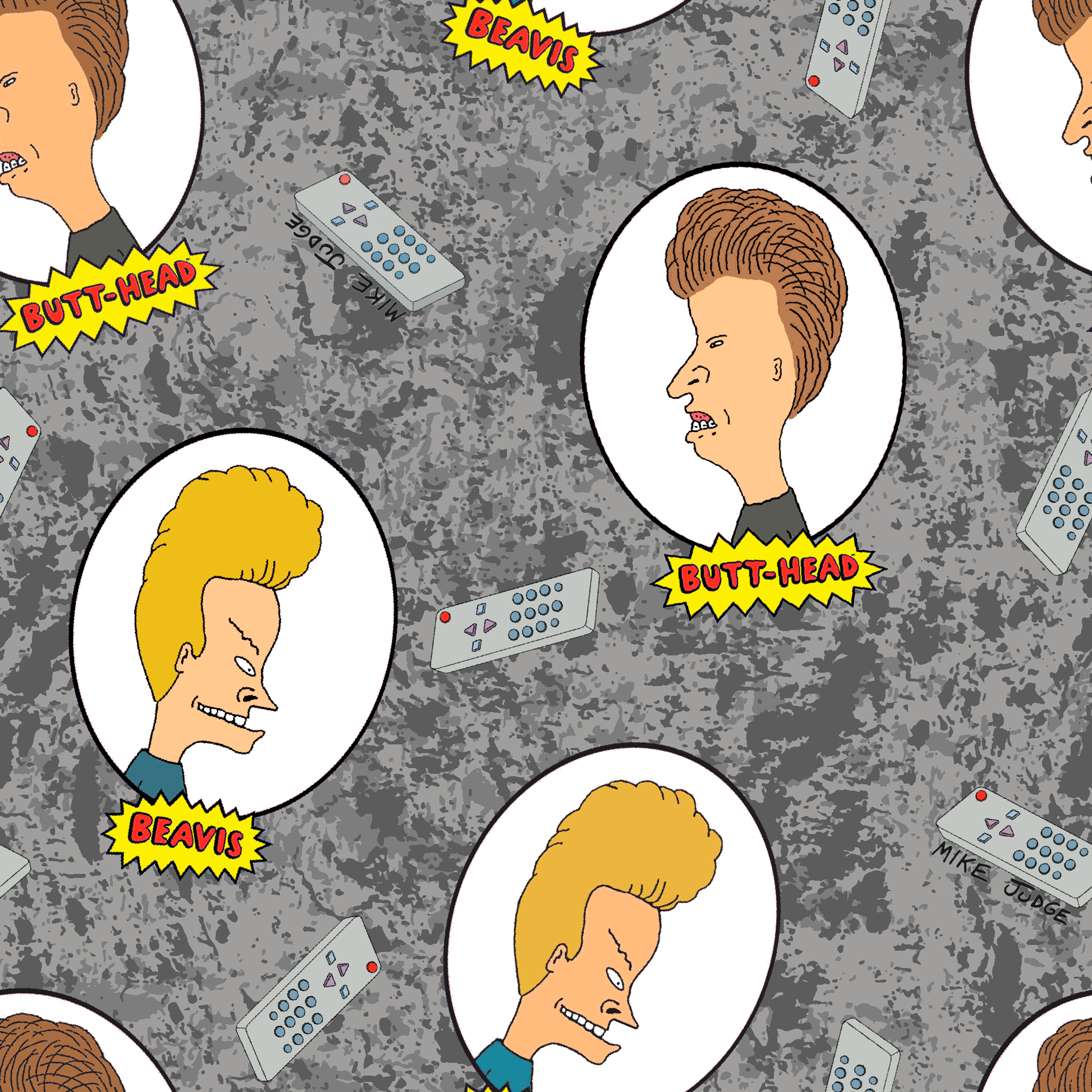 Cartoon pattern with blond and brown-haired animated characters in circular frames against a gray background with comic-style text bubbles. tiled preview square