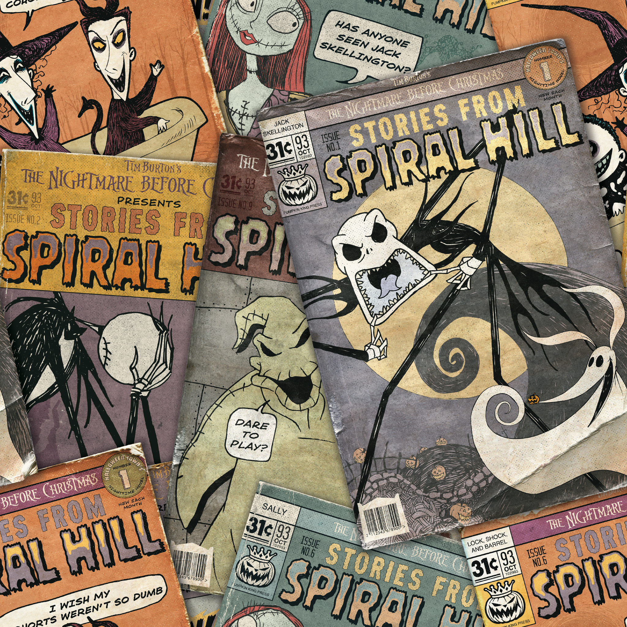 Vintage-style comic books featuring "Stories from Spiral Hill" with spooky skeletal characters on orange and gray covers tiled preview square