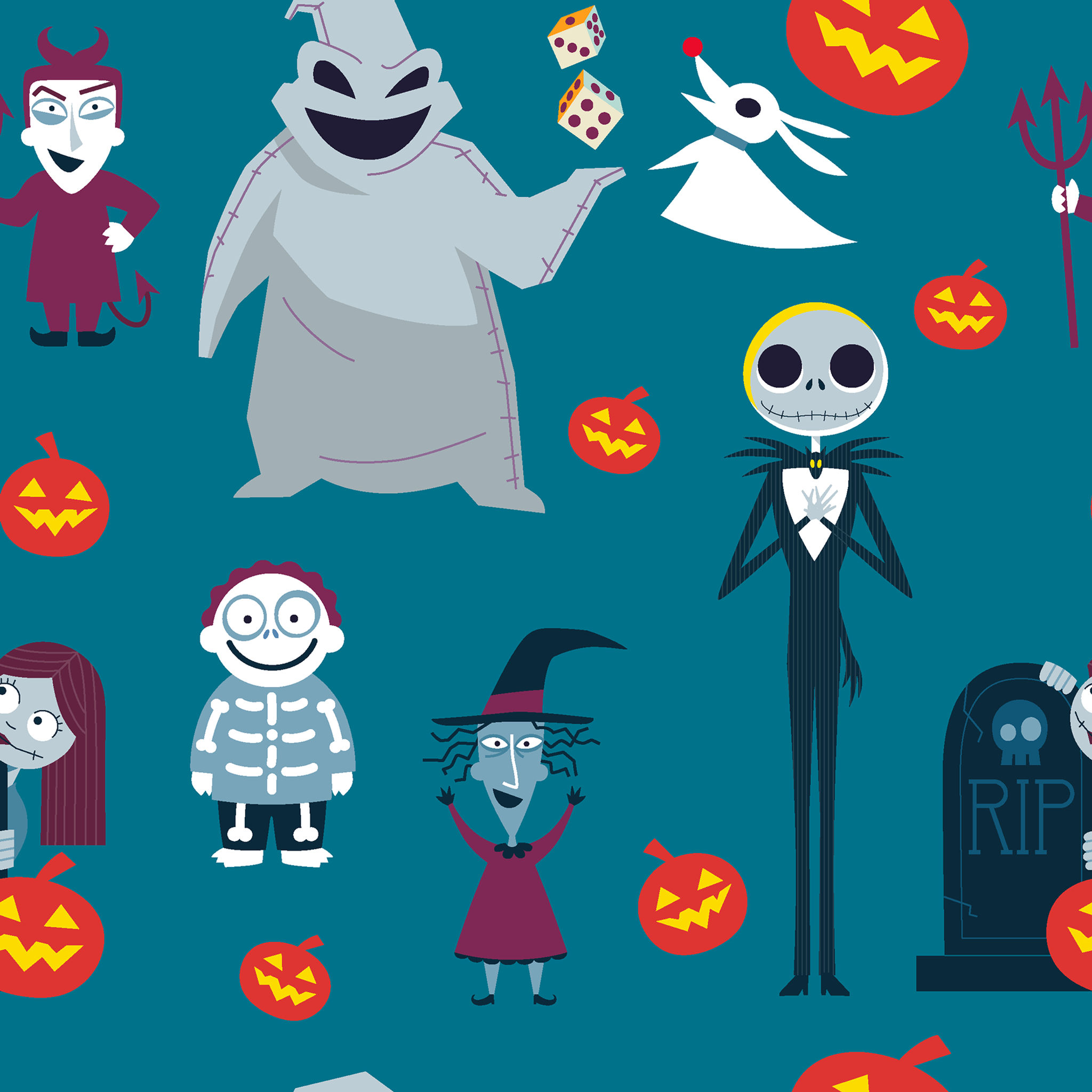 Halloween characters pattern with ghost, skeleton, witch, and pumpkins on teal background in cartoon style tiled preview square