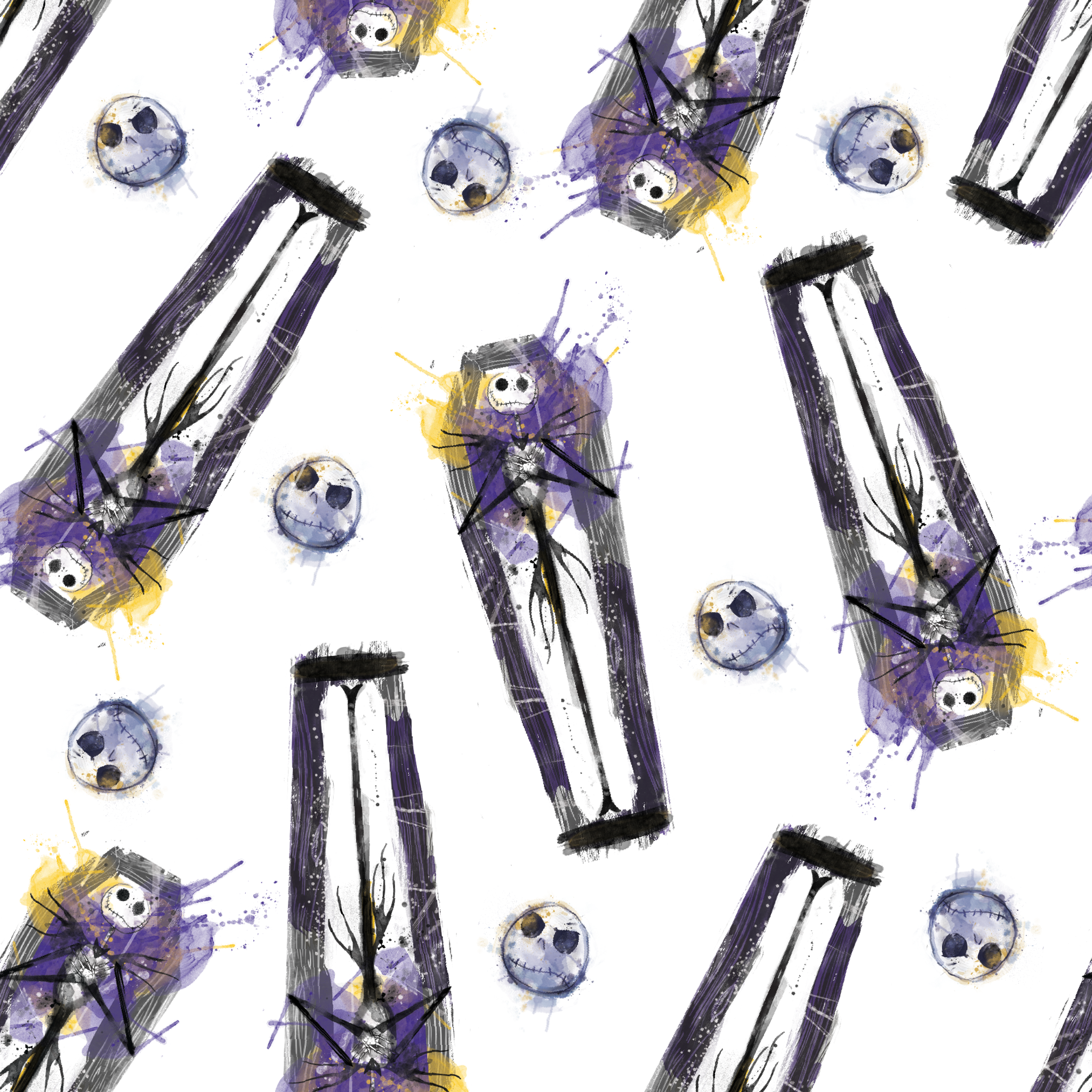 Repeating pattern of stylized gothic figures in black and purple with skull-like faces on white background tiled preview square
