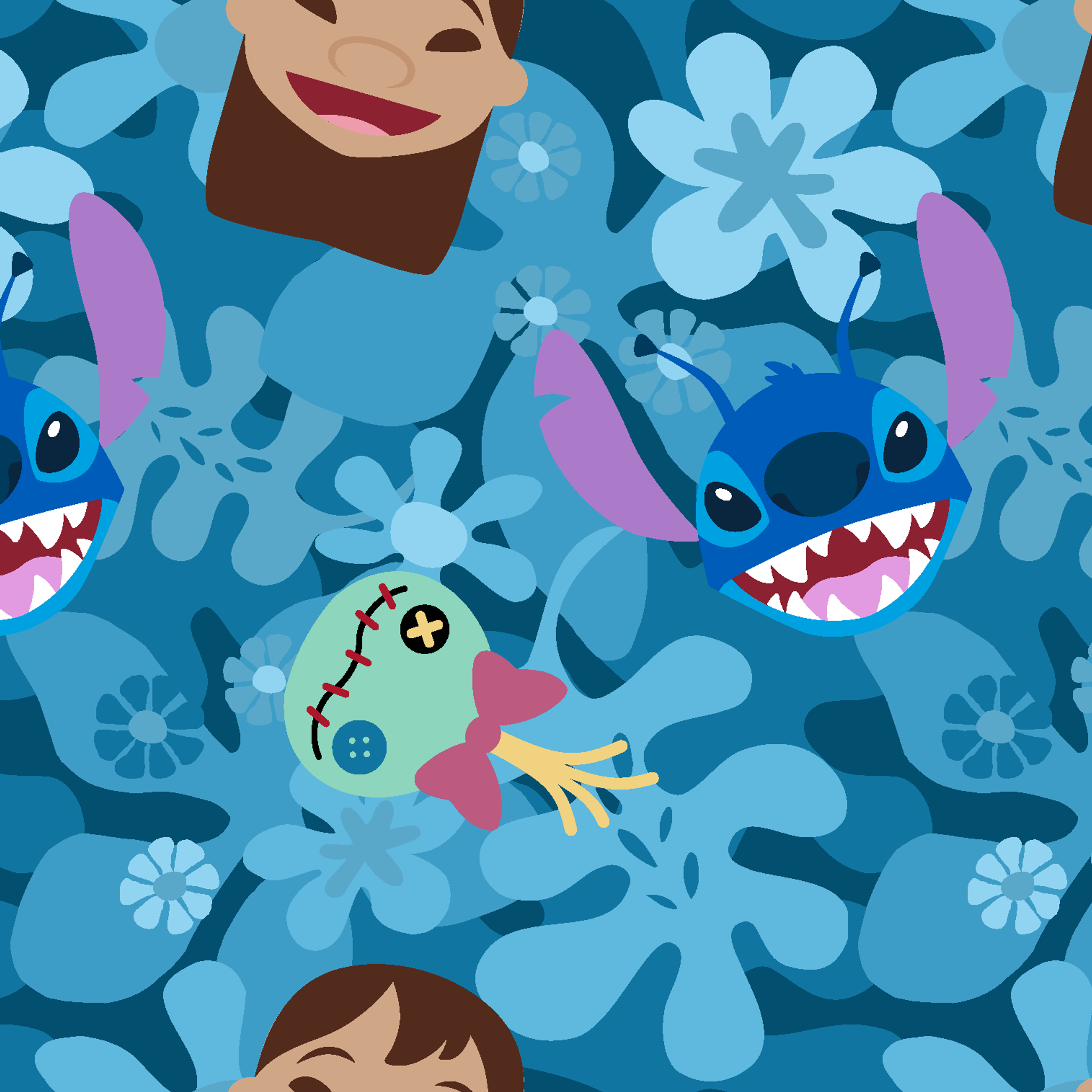 Disney's Stitch among floral elements and smiling faces on turquoise background tiled preview square