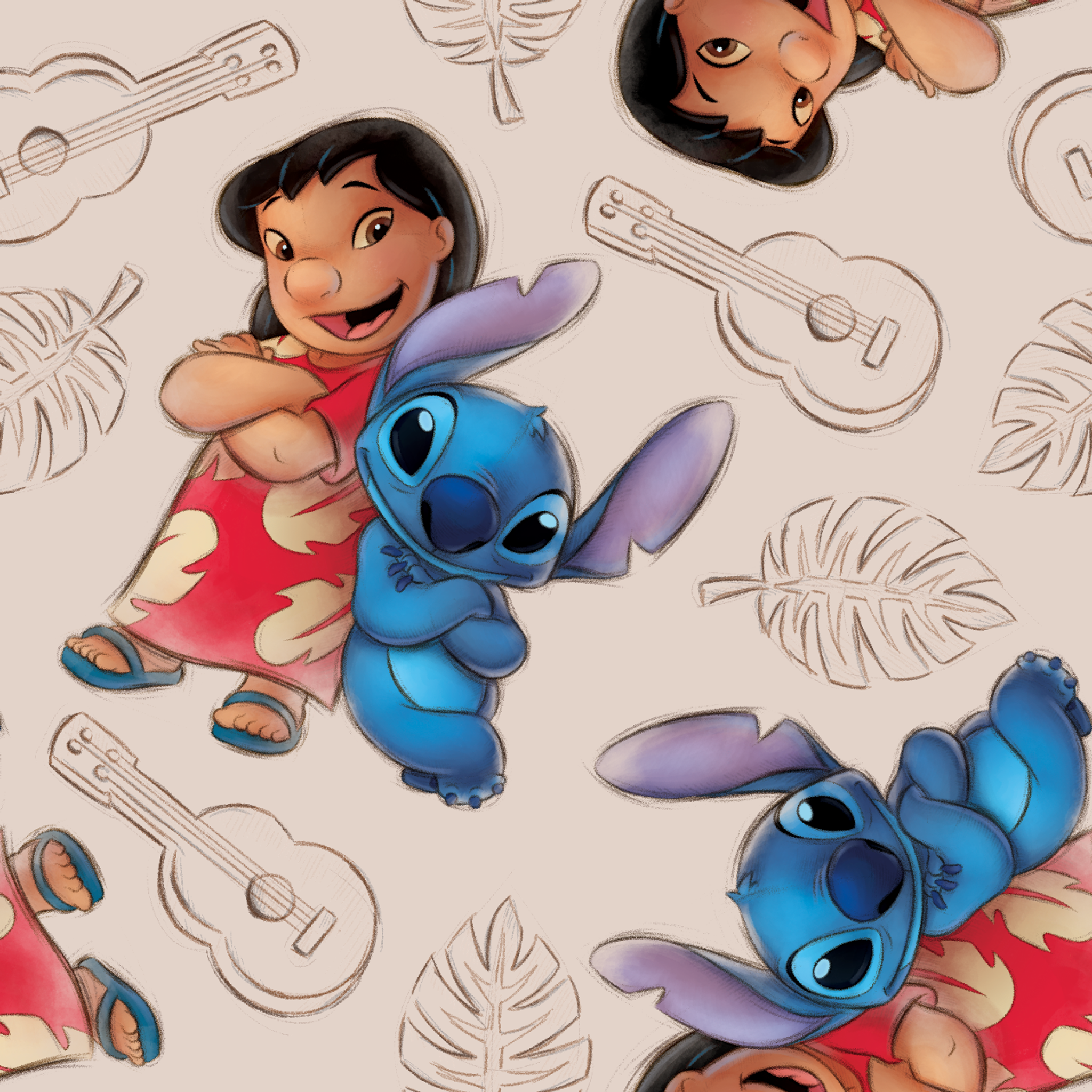 Lilo and Stitch fabric with leaf and guitar pattern background tiled preview square