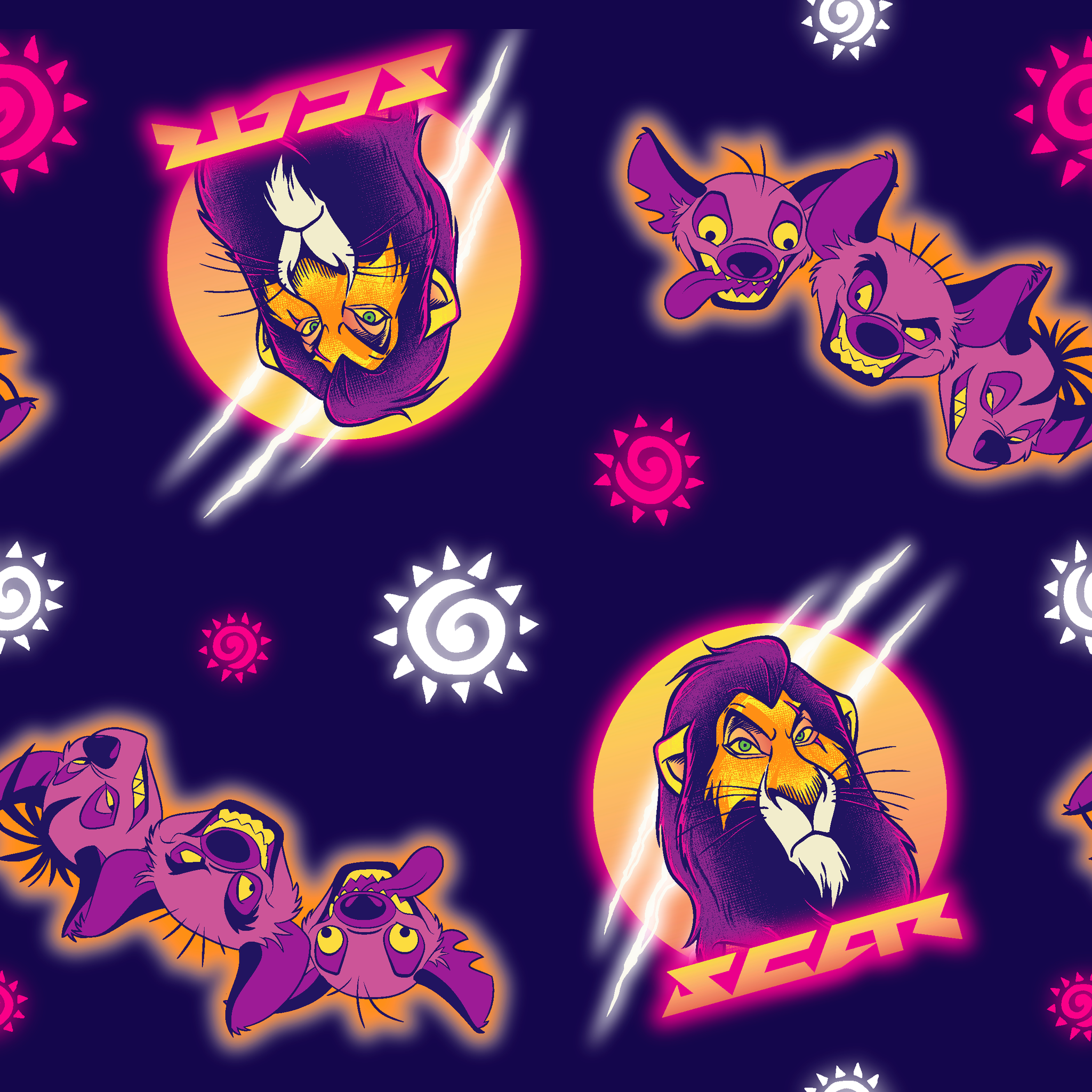 Lion and hyena characters pattern with suns on purple background, Disney's Lion King inspired design tiled preview square