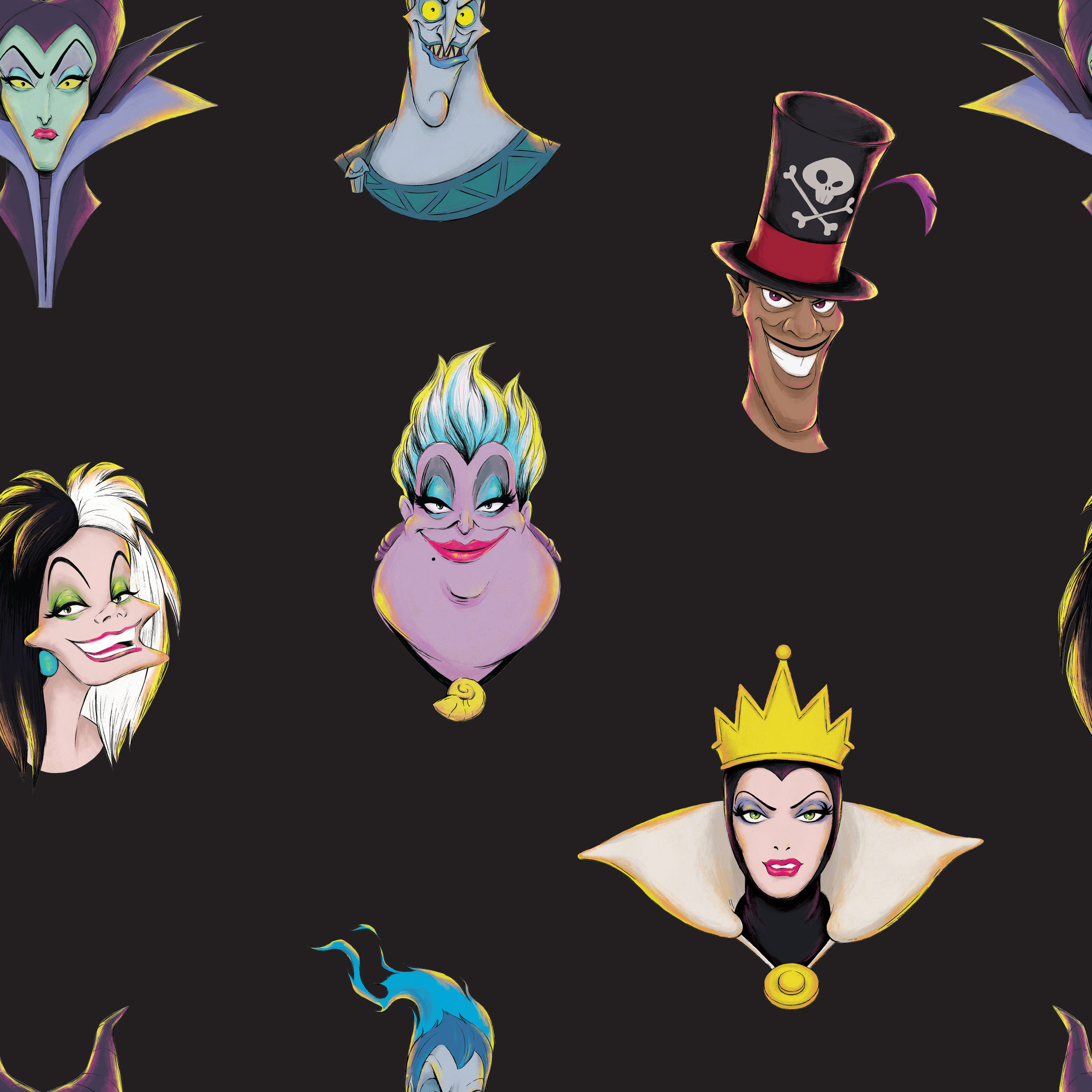 Illustrated Disney villain heads on black background including sea witch, evil queen, and others tiled preview square