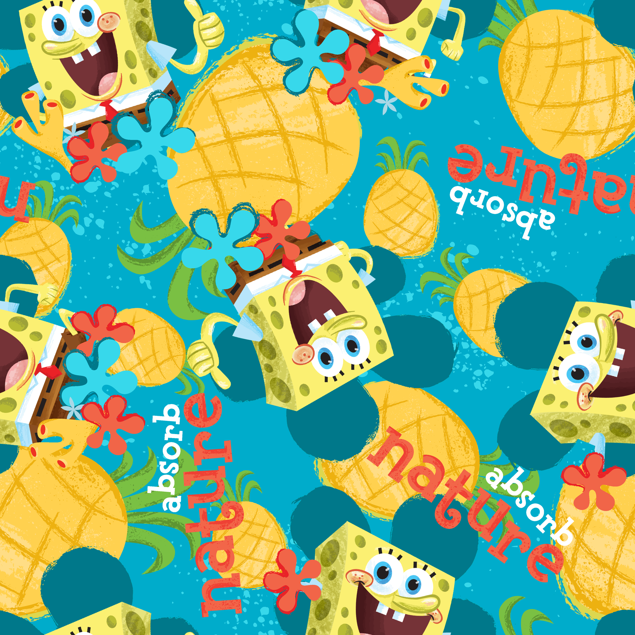 SpongeBob SquarePants pattern with pineapples and flowers on teal background tiled preview square