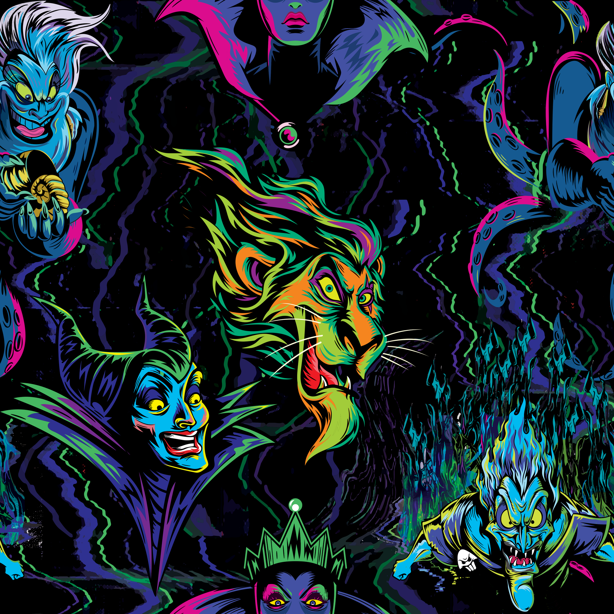 Colorful Disney villains in neon colors against black background tiled preview square