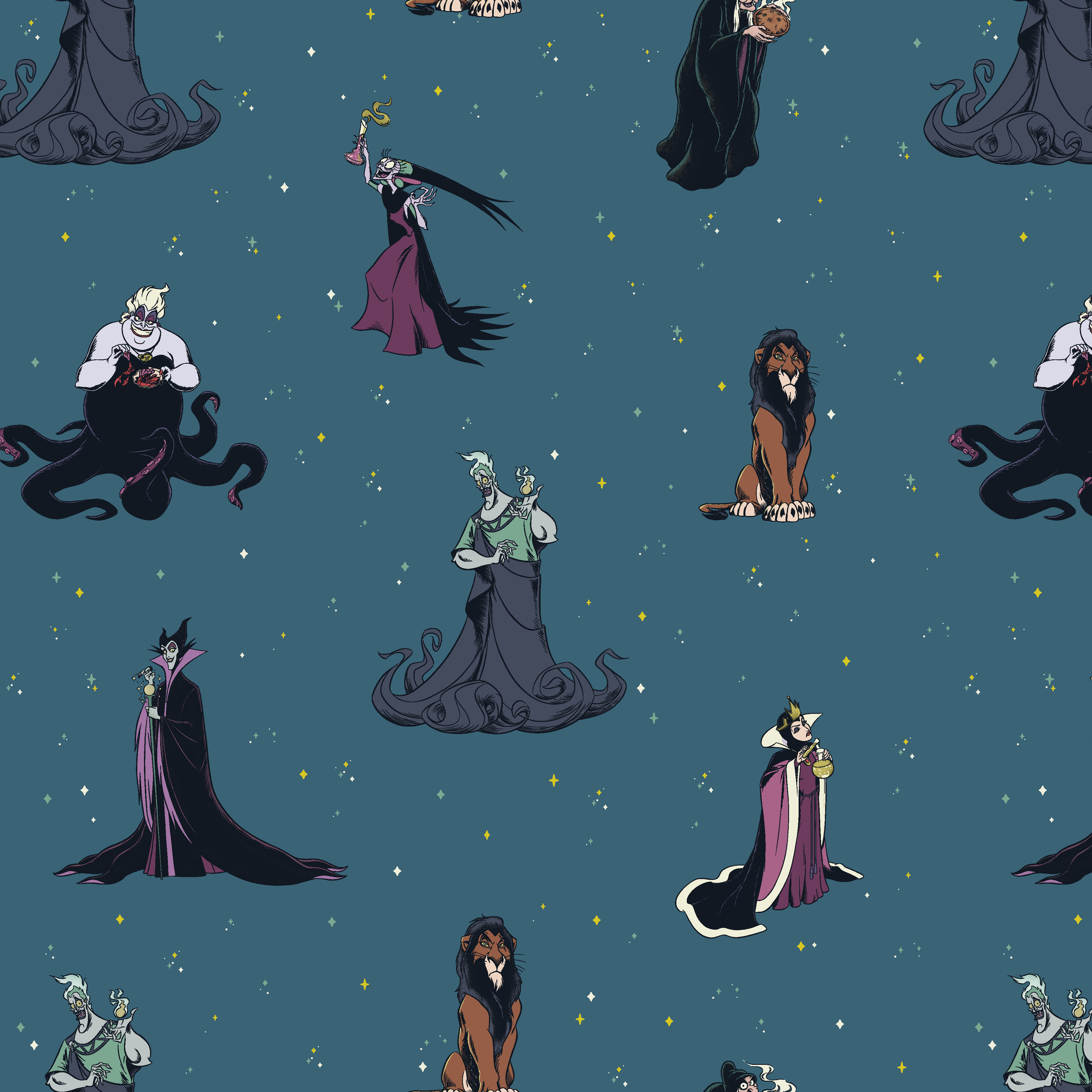 Disney villains pattern on teal background featuring Ursula, Maleficent, Cruella, and Scar in various poses tiled preview square