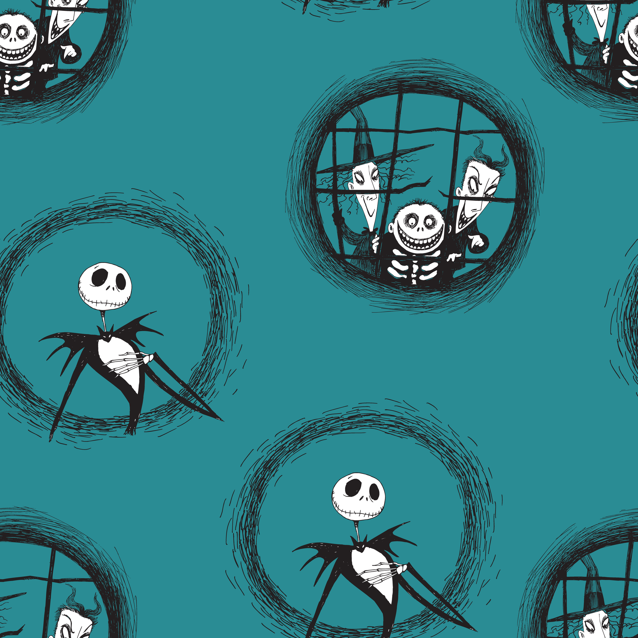 Teal patterned design with The Nightmare Before Christmas characters in circular frames, featuring round-headed characters in formal attire. tiled preview square