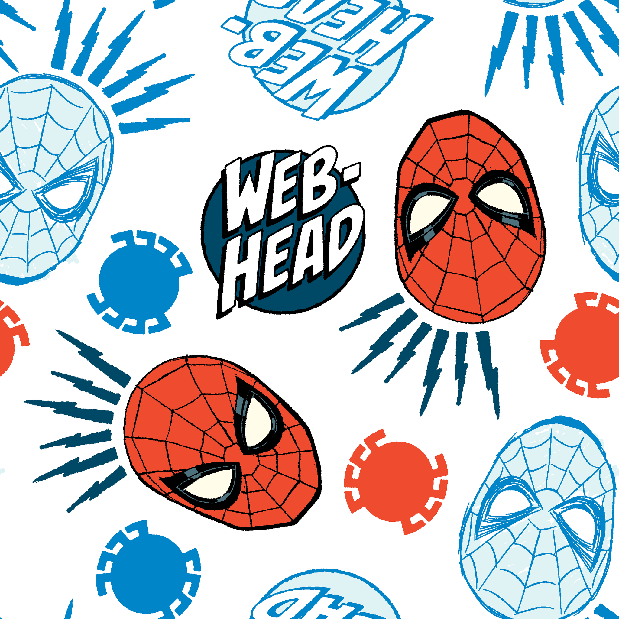 Spider-Man masks pattern with blue and red heads, "WEB HEAD" text, and radiating lines on white background. tiled preview square