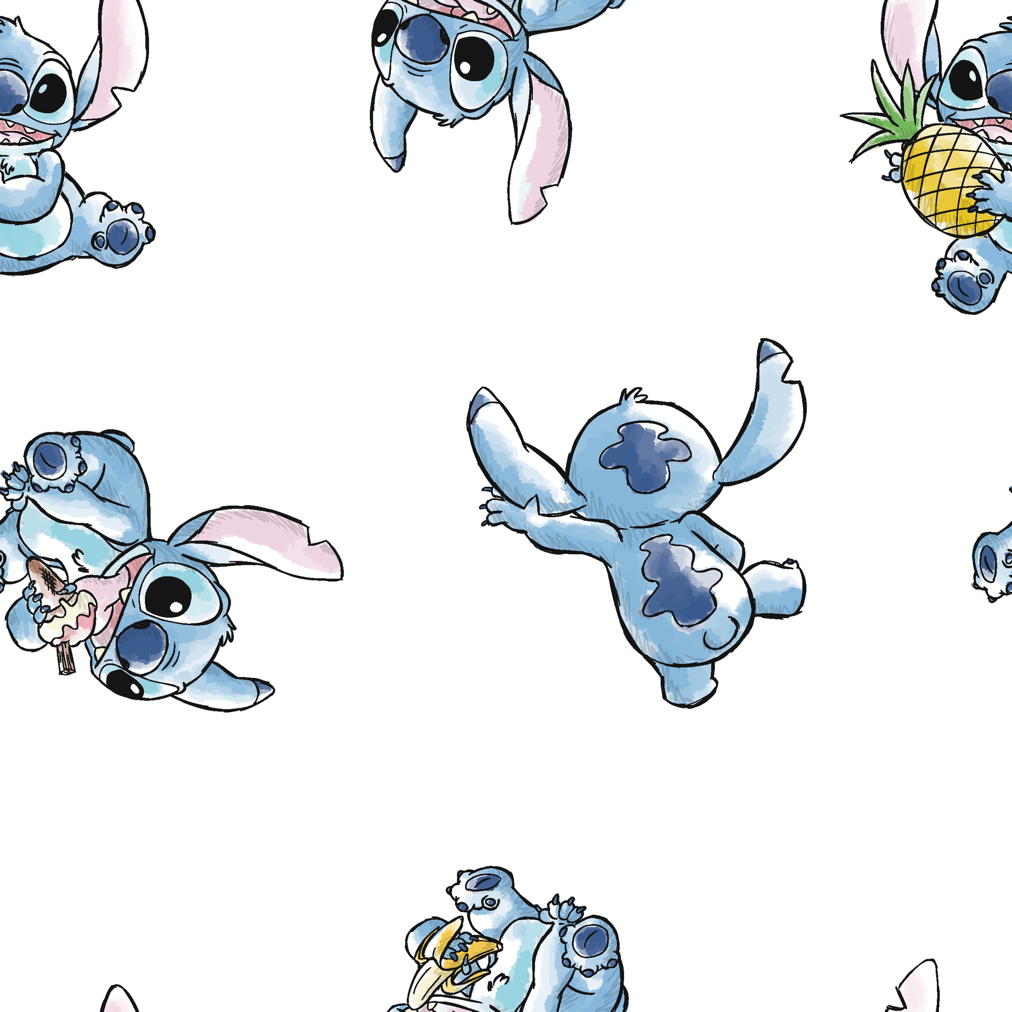 Disney's Stitch in various playful poses, some holding pineapples, on white background tiled preview square