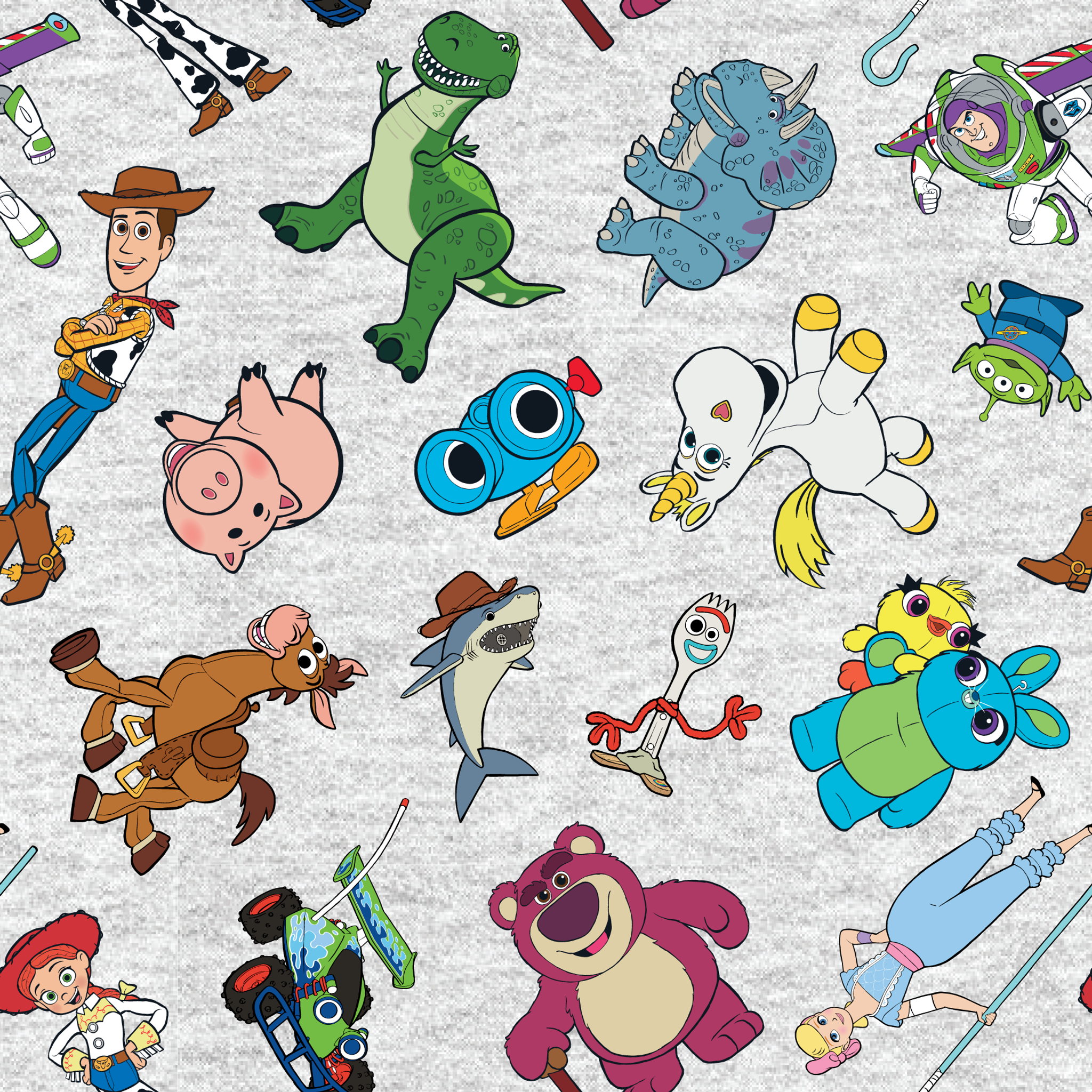 Colorful pattern of various animated Toy Story characters on a light speckled background tiled preview square