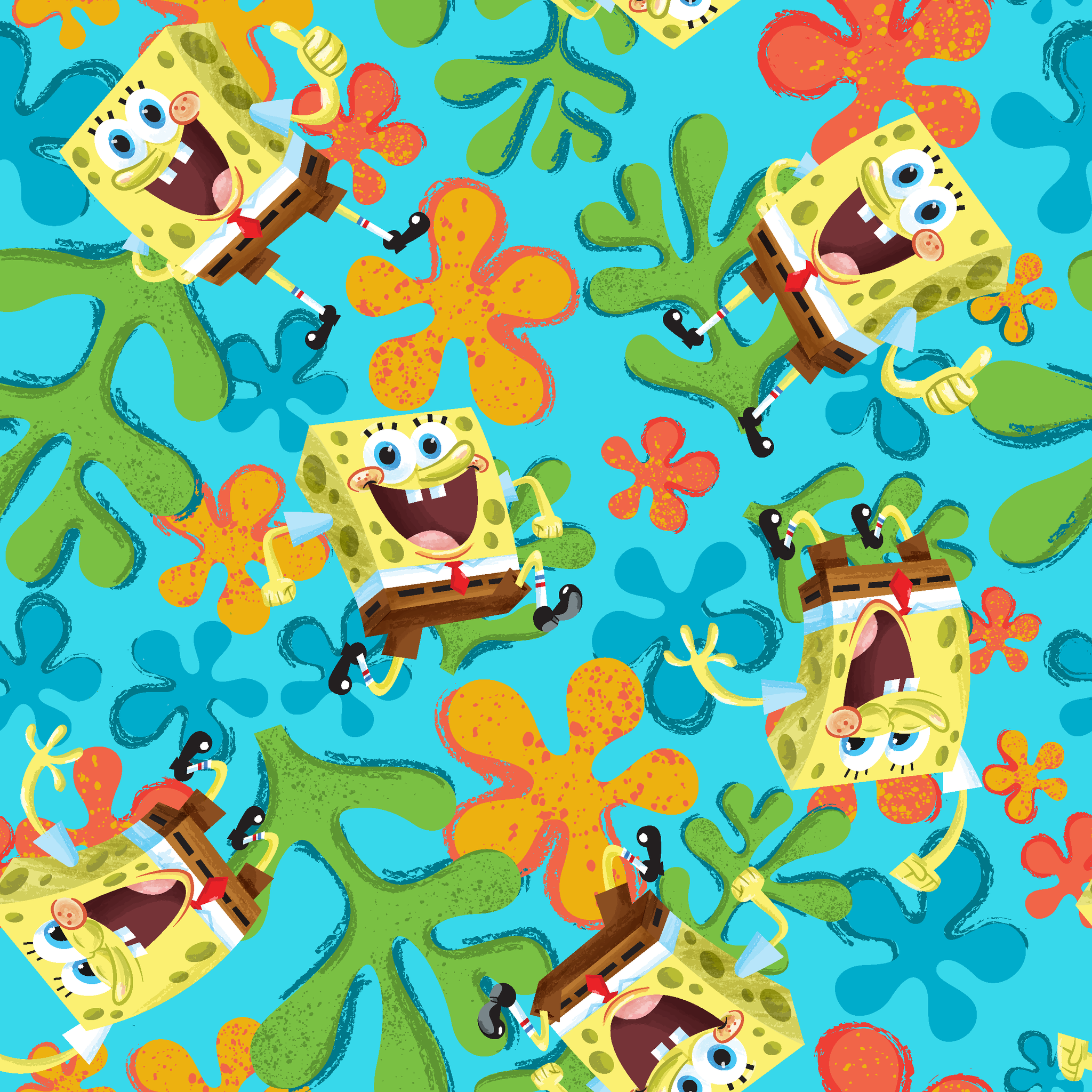 SpongeBob SquarePants pattern with colorful orange and blue flowers on turquoise background tiled preview square