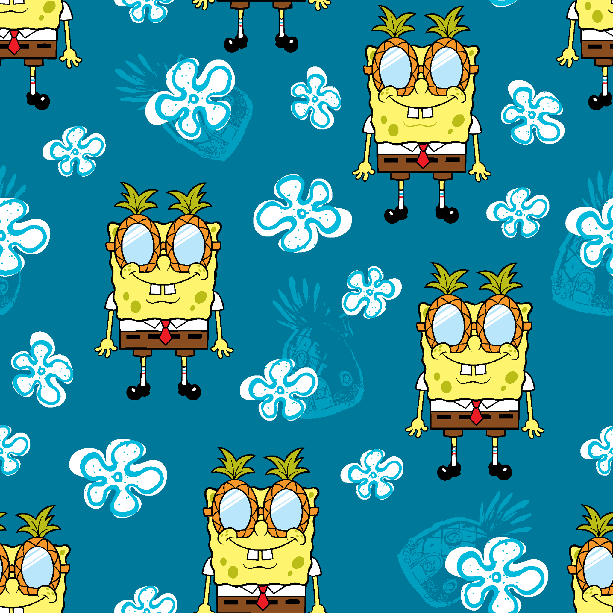 Yellow cartoon character with glasses on teal background with white flower pattern, repeating design tiled preview square