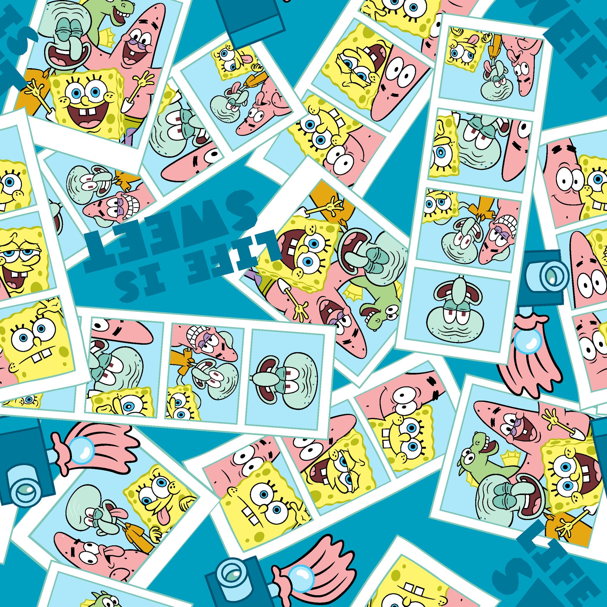 Photobooth-style SpongeBob SquarePants design featuring cartoon snapshots of SpongeBob, Patrick, and Squidward with “Life is Sweet” text on a blue background. tiled preview square