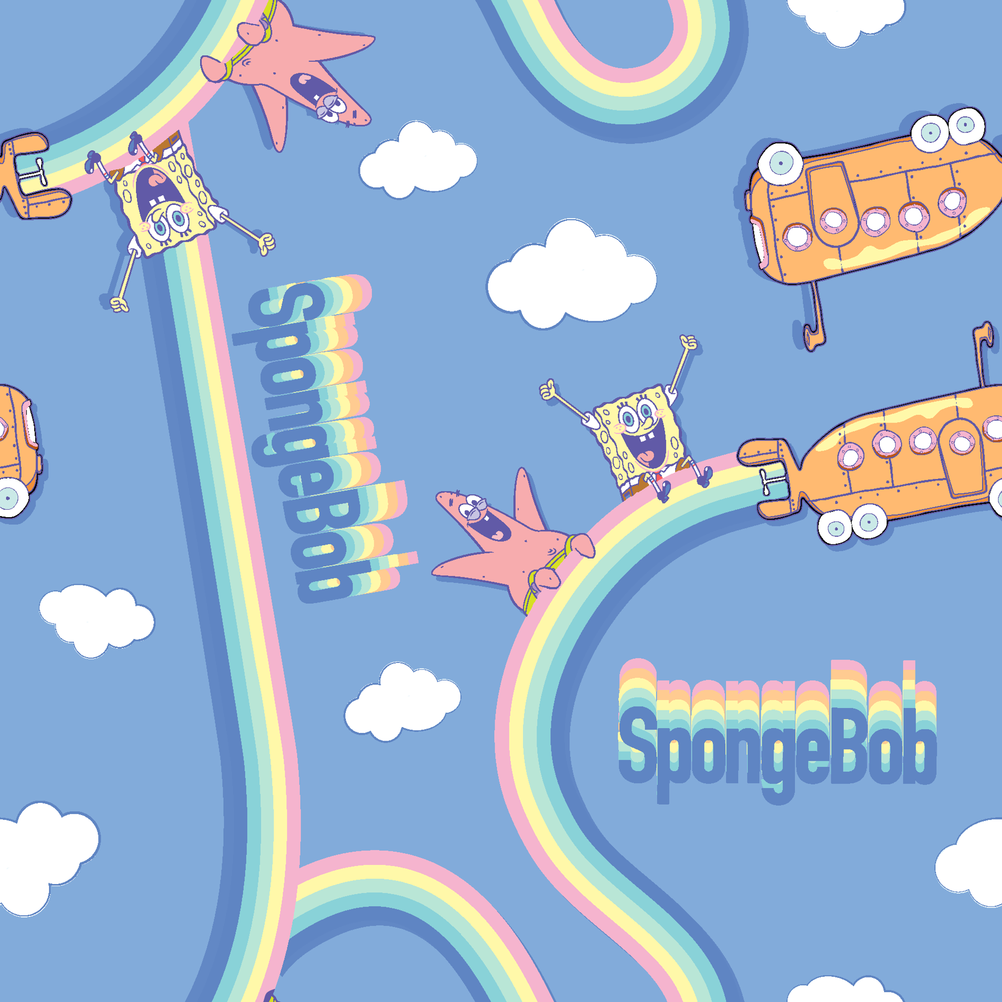 SpongeBob pattern with cartoon characters, buses, rainbows and clouds on light blue background tiled preview square