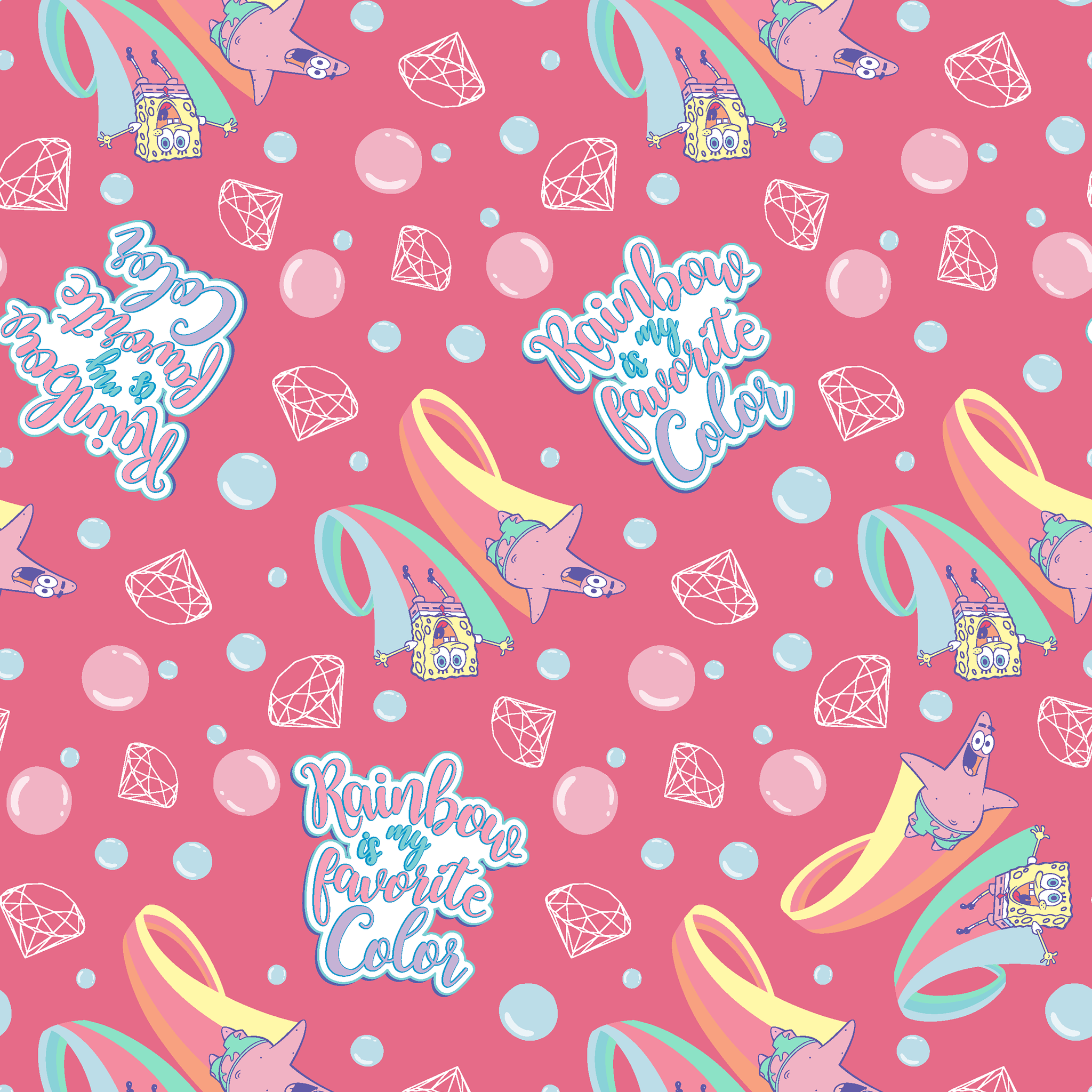 Patrick Star floats among pastel rainbows, bubbles, and gems on a pink background with the phrase “Rainbow is my favorite color” in a SpongeBob design tiled preview square
