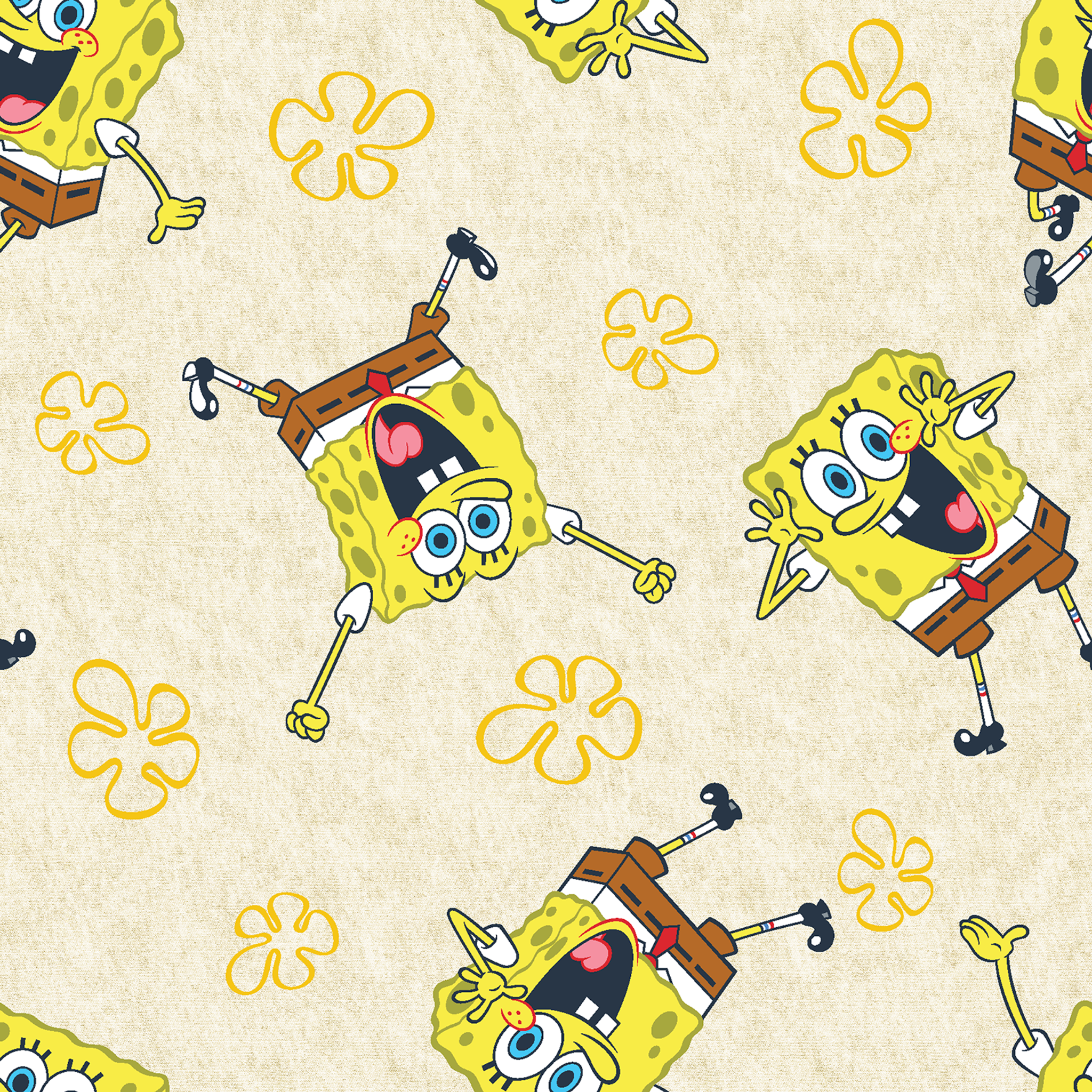 Repeating pattern of SpongeBob SquarePants characters on light yellow background with yellow flowers tiled preview square