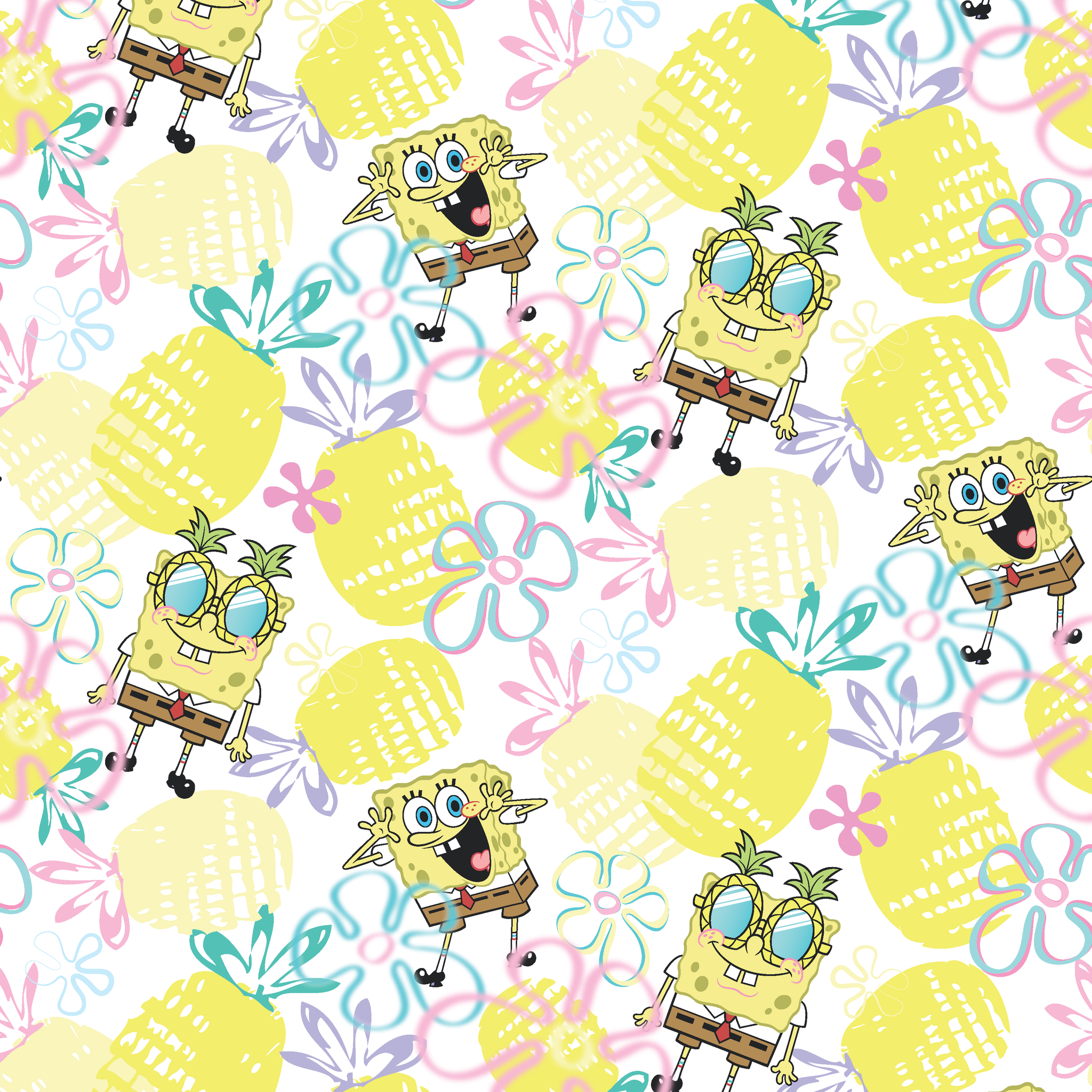 SpongeBob wearing pineapple glasses surrounded by yellow pineapples and pastel floral sketches on a white background in a playful Nickelodeon design. tiled preview square