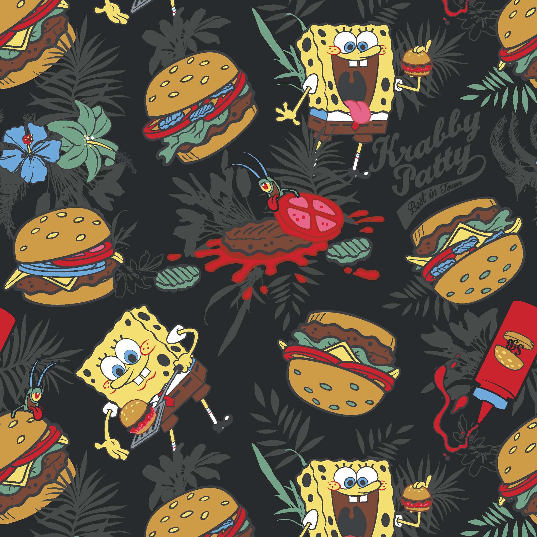 SpongeBob, Plankton, and Krabby Patties with tropical leaves and flowers on a black background in a bold character-themed design. tiled preview square