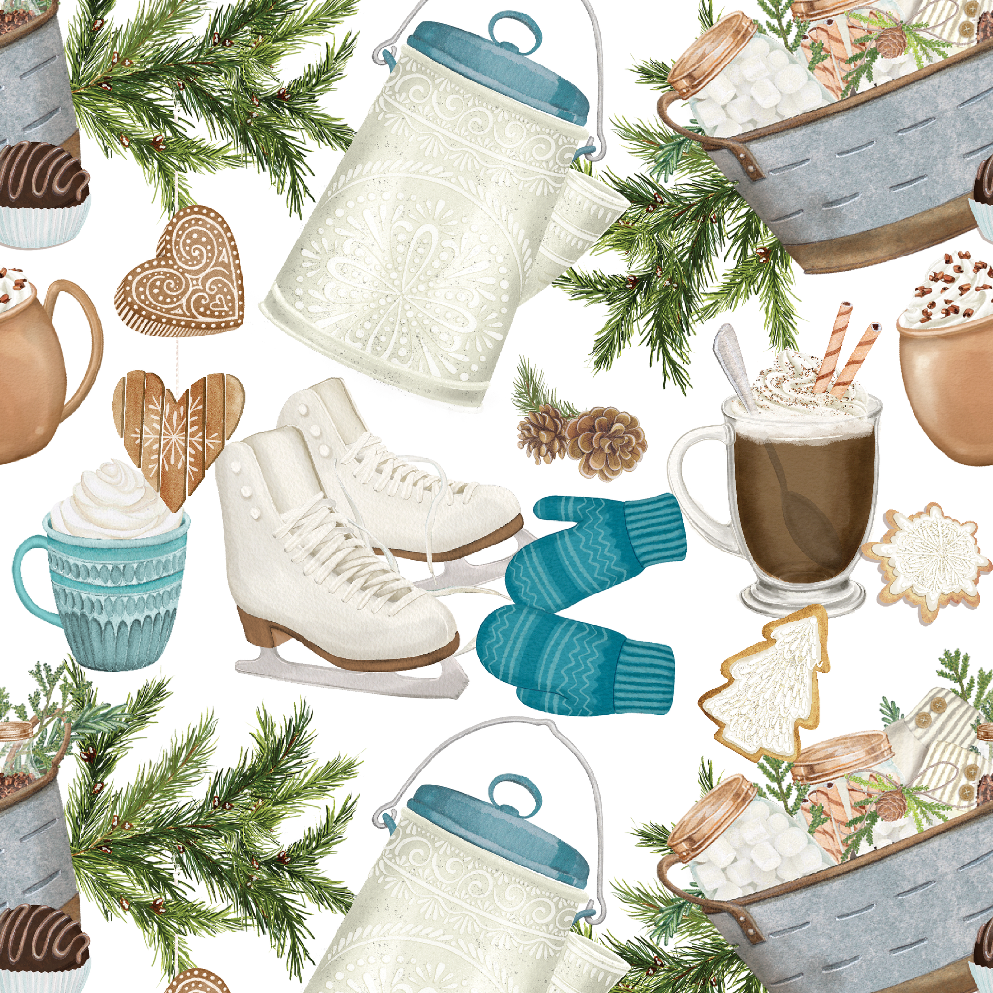Winter-themed pattern featuring cocoa mugs, ice skates, mittens, pine branches, and holiday cookies in neutral and blue tones by Nicole Tamarin. tiled preview square