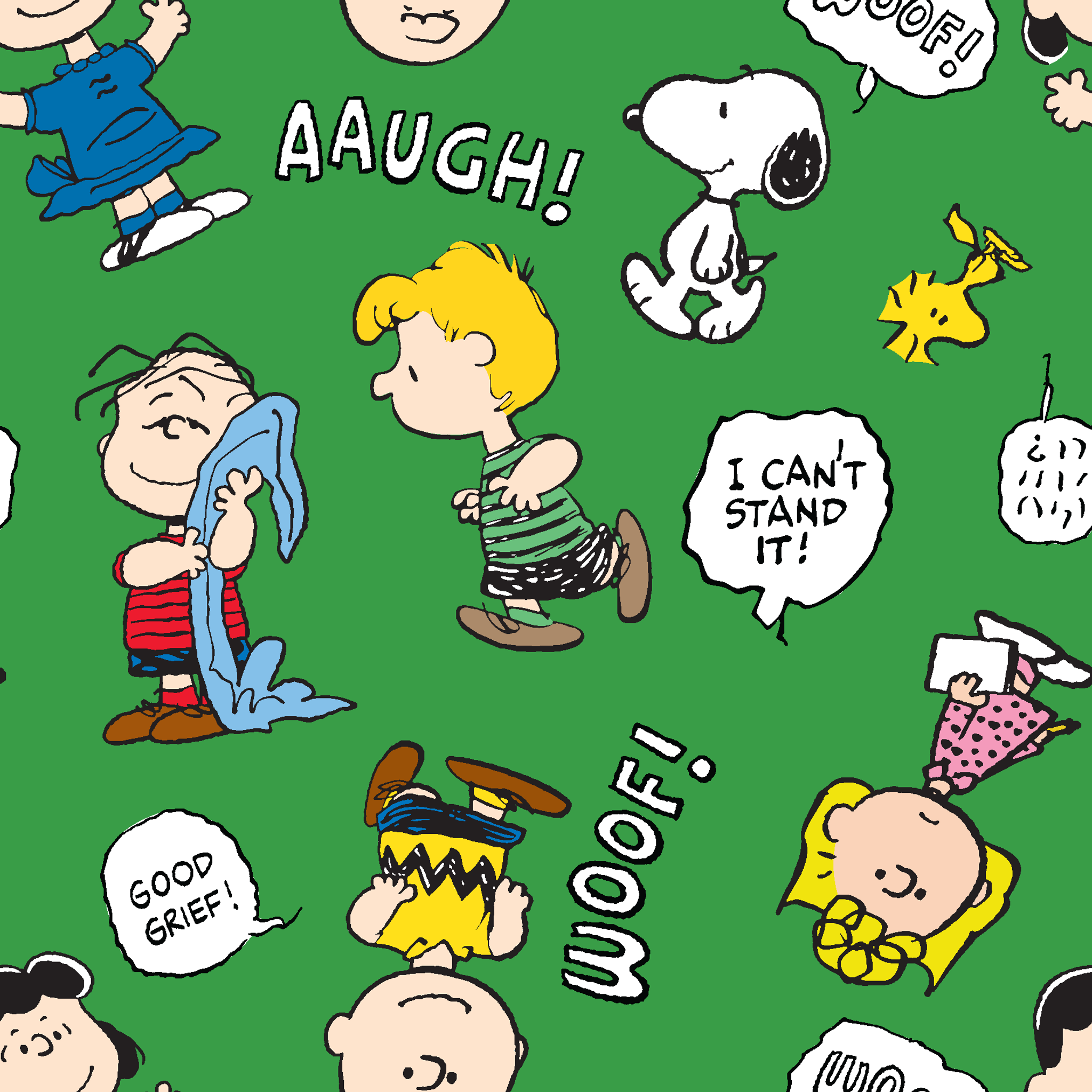 Peanuts comic characters on green background - Snoopy, Woodstock, and gang with speech bubbles like "AAUGH!" and "I CAN'T STAND IT! tiled preview square