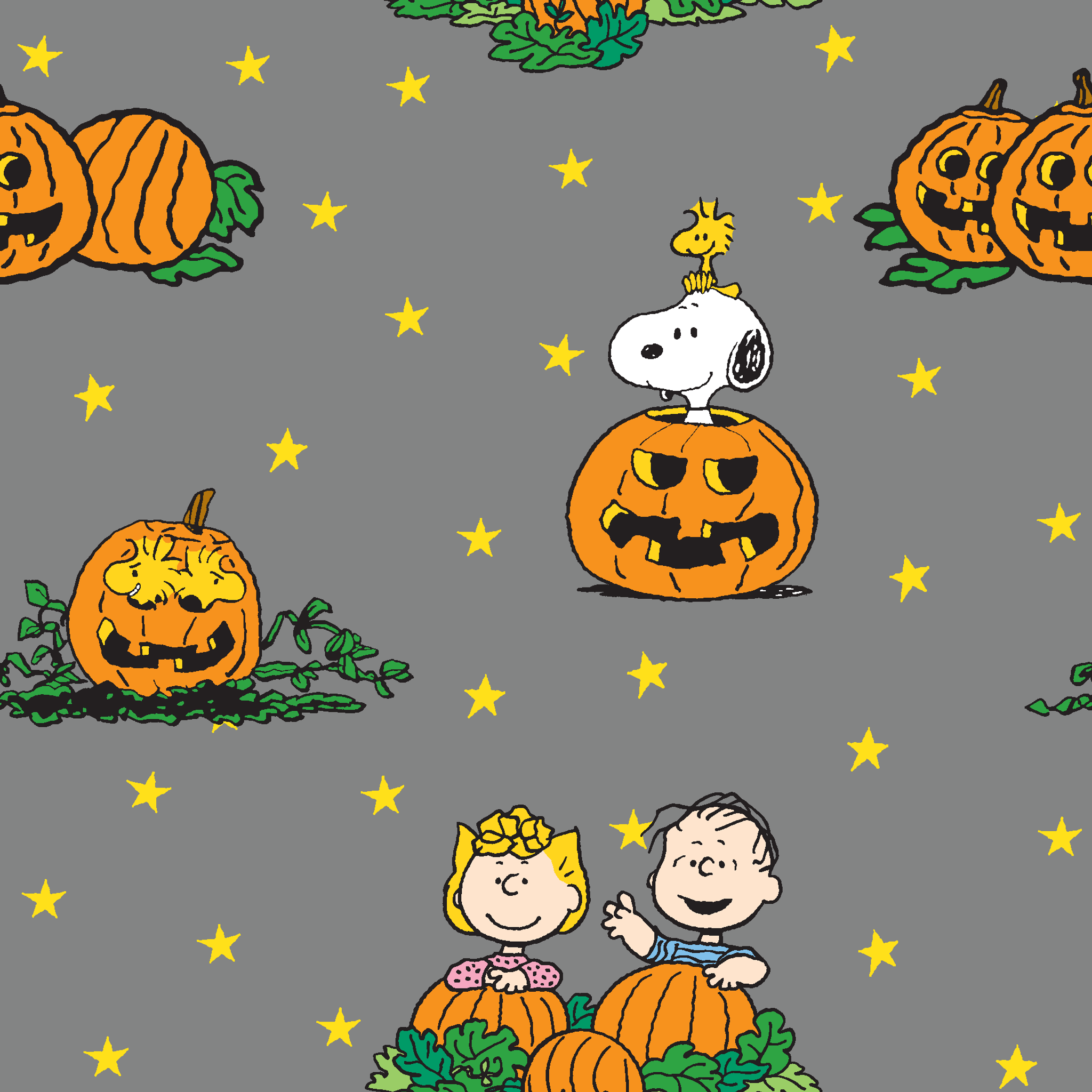 Peanuts Halloween pattern with Snoopy on pumpkins, Peanuts characters in pumpkin patches, and yellow stars on gray background. tiled preview square