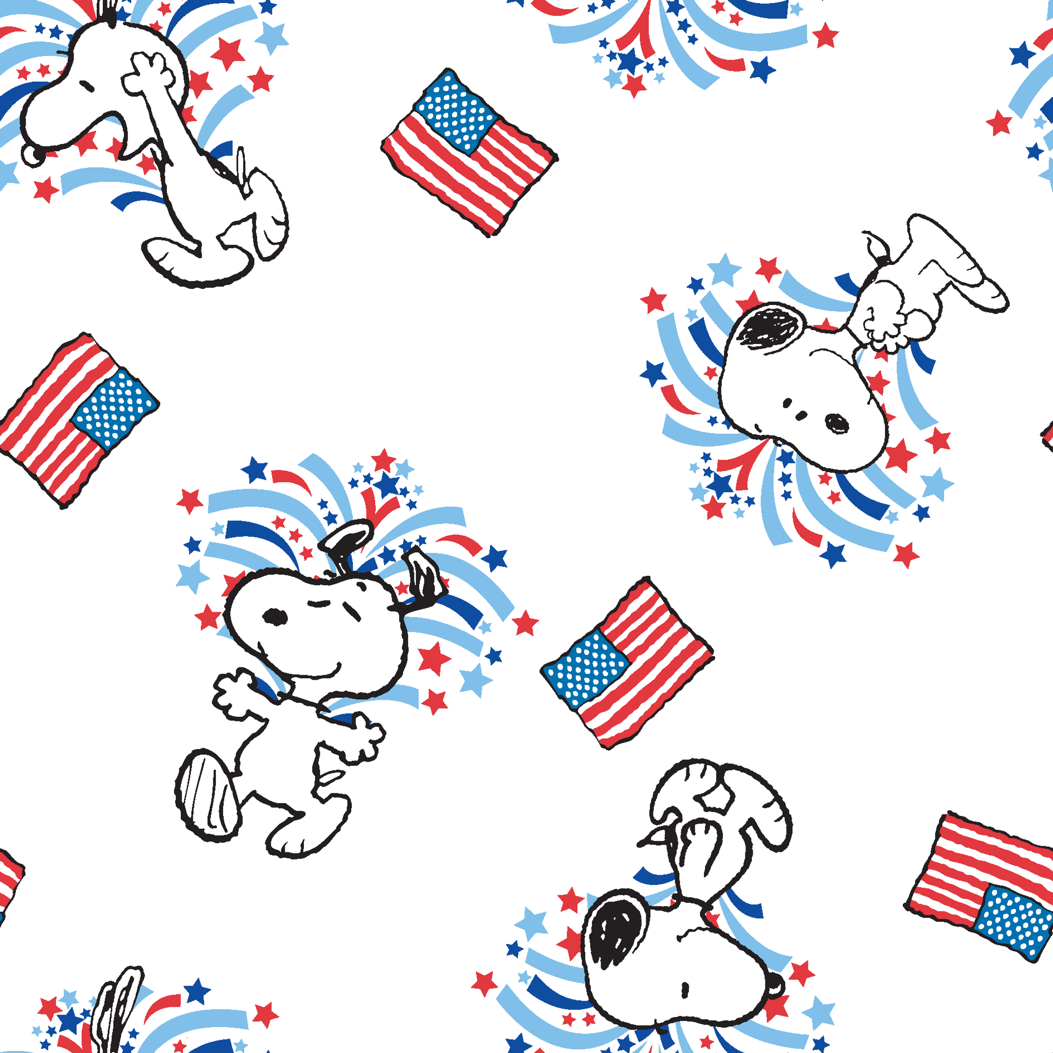Snoopy with red and blue fireworks pattern alongside American flags on white background tiled preview square