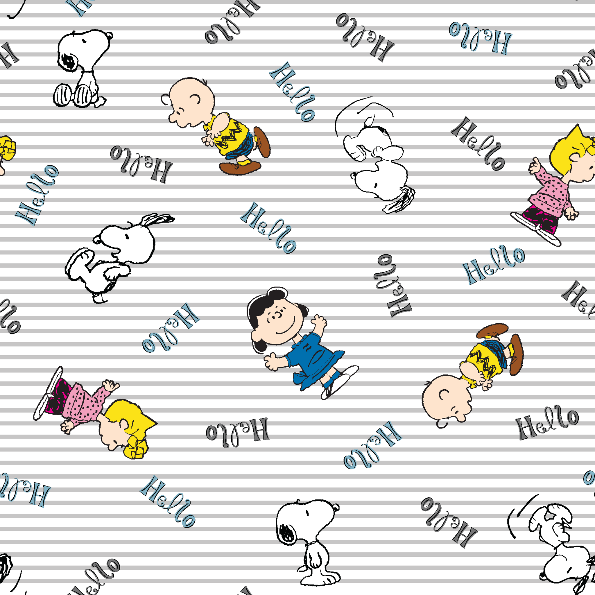 Peanuts cartoon characters scattered on striped background with "hello" text, featuring Snoopy, Charlie Brown, and friends tiled preview square