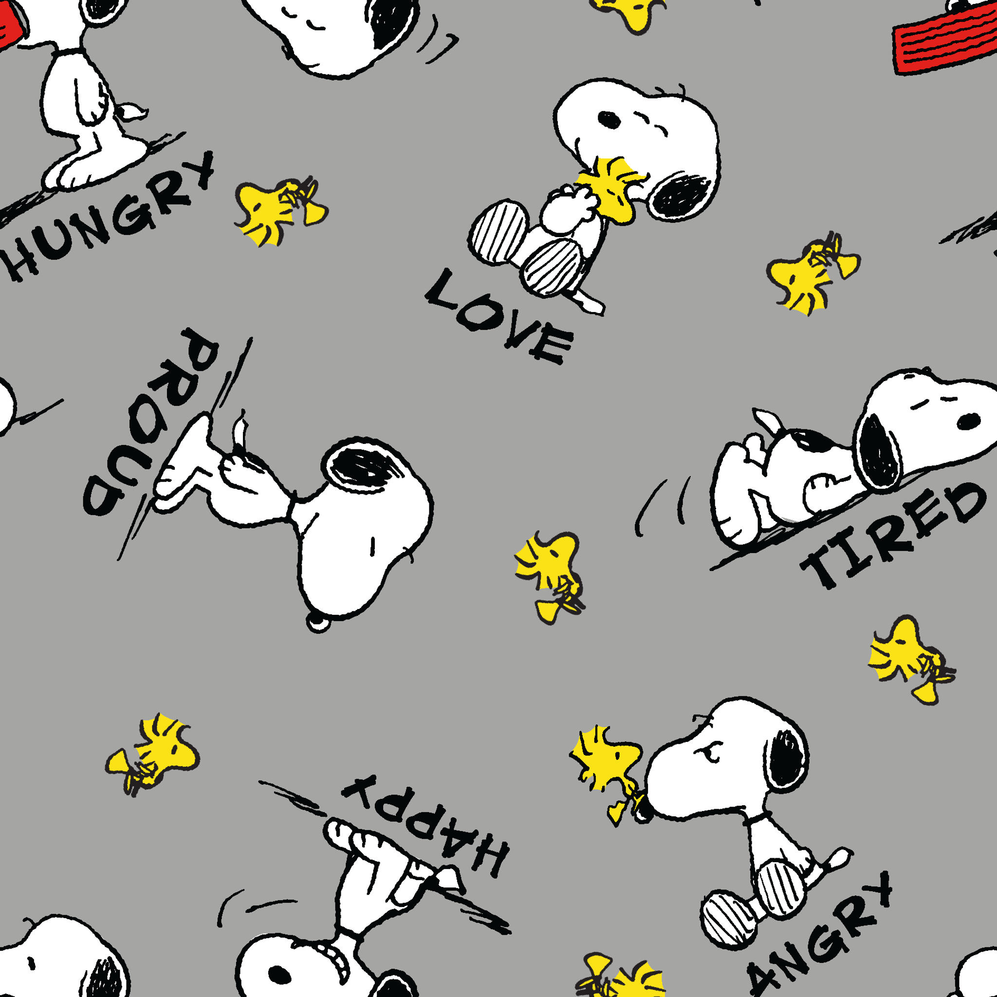 Snoopy cartoon pattern on gray background with emotions like "Hungry" and "Love" with Woodstock tiled preview square