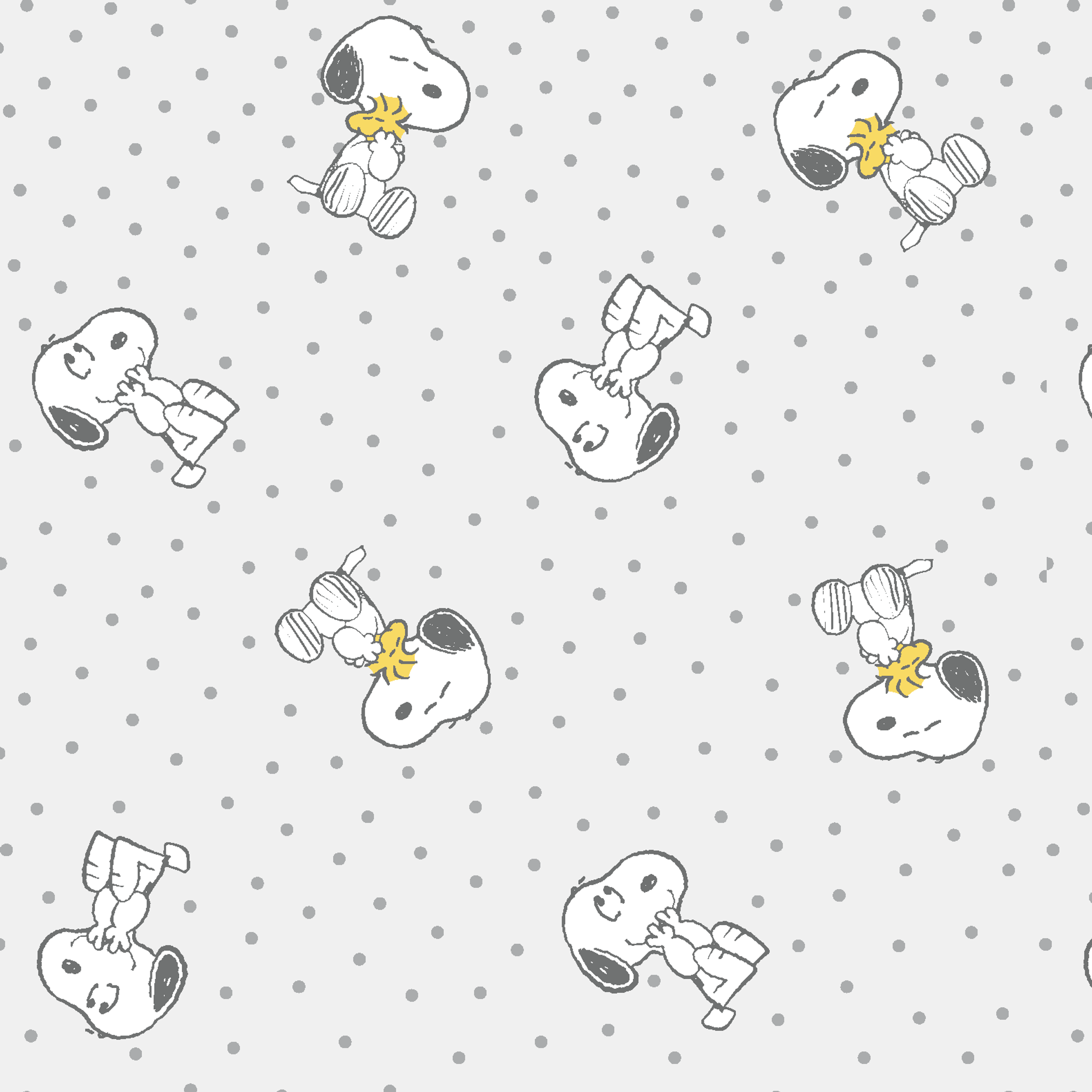 Snoopy and Woodstock on polka dot background in a repeating pattern tiled preview square