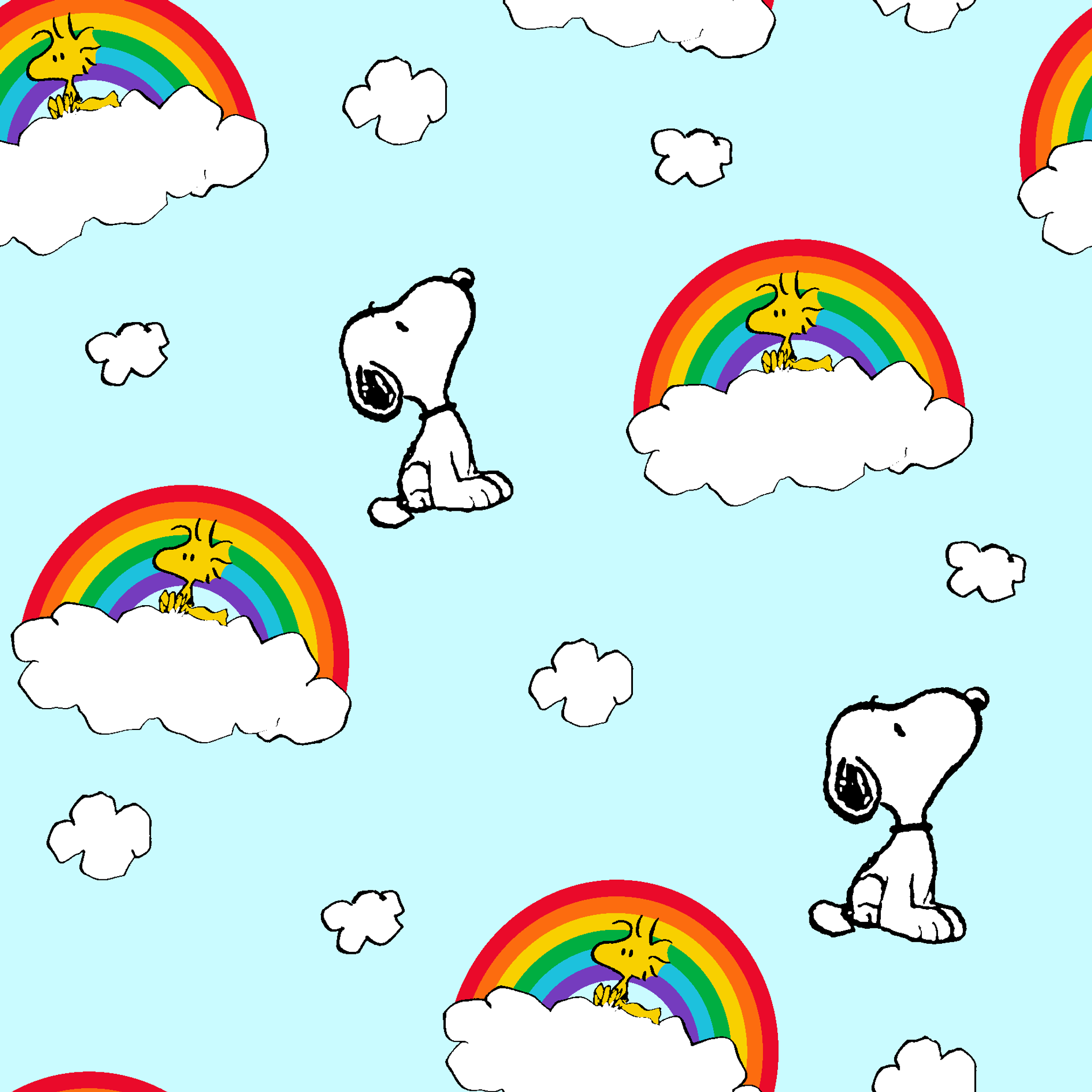 Snoopy and Woodstock characters on light blue background with rainbows, clouds and white fluffy clouds tiled preview square