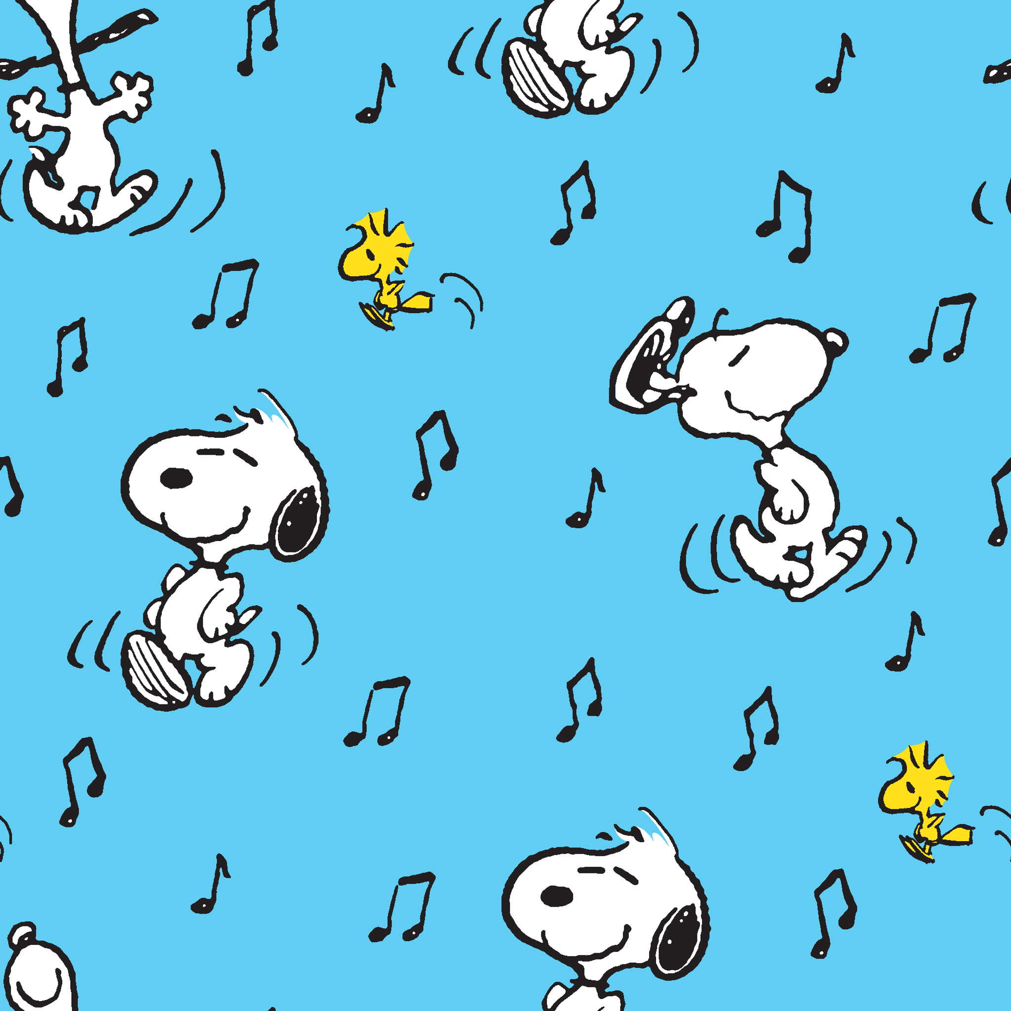 Cartoon characters Snoopy and Woodstock dancing with musical notes on light blue background tiled preview square