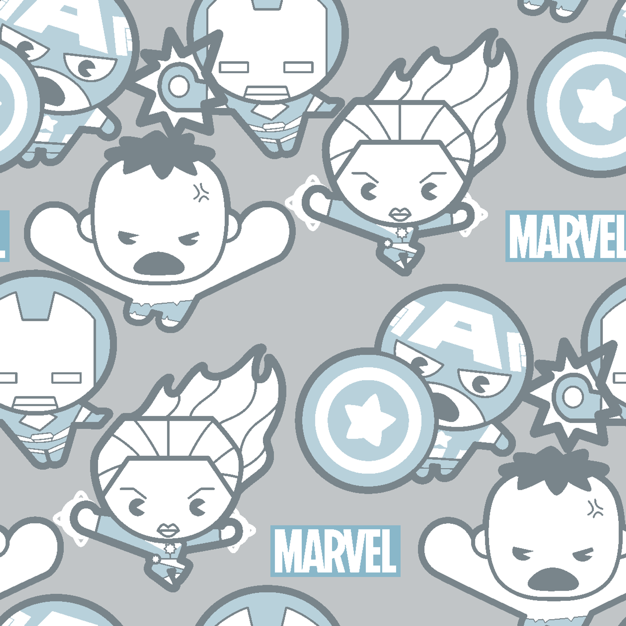 Cute cartoon Marvel superhero pattern with simplified characters and icons on gray background tiled preview square