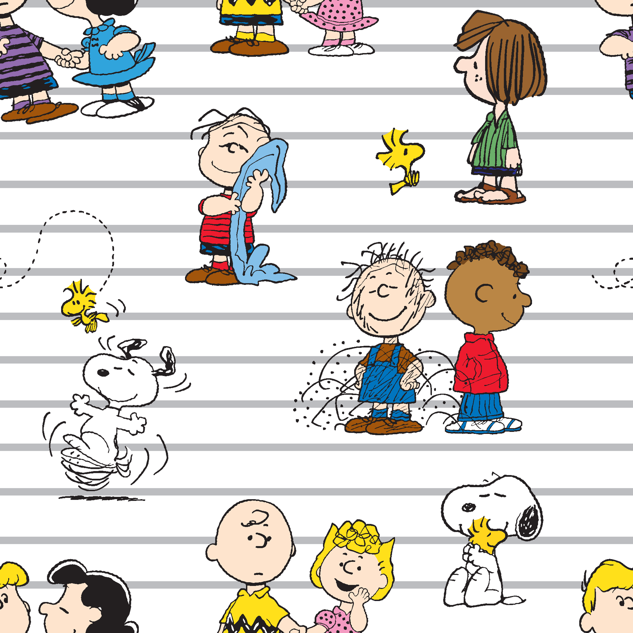 Peanuts cartoon characters on striped background, including Snoopy, Woodstock, and friends with their signature traits and poses. tiled preview square