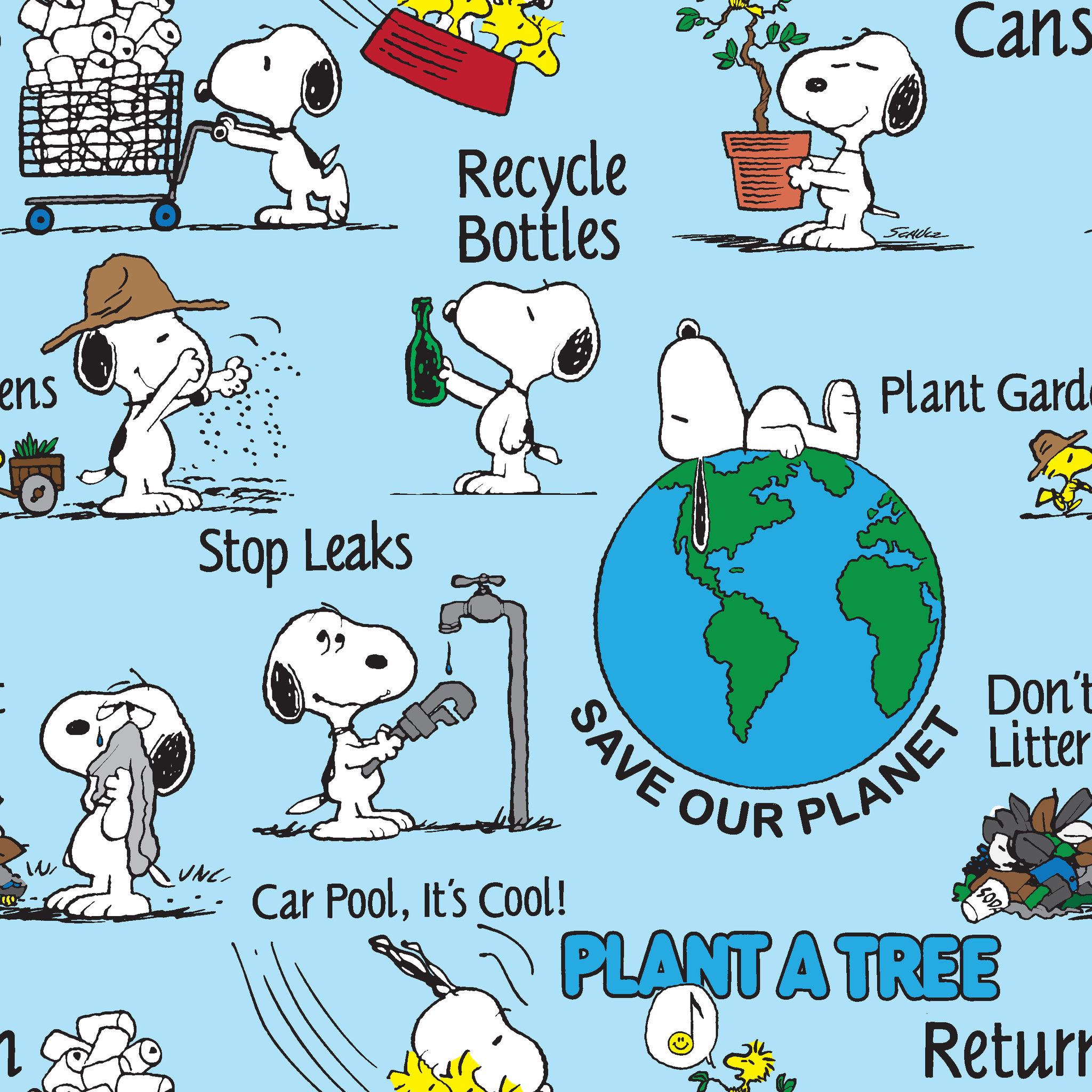 Snoopy cartoon dog in environmental scenes with Earth graphic and eco-friendly messages like "Plant a Tree" and "Recycle tiled preview square