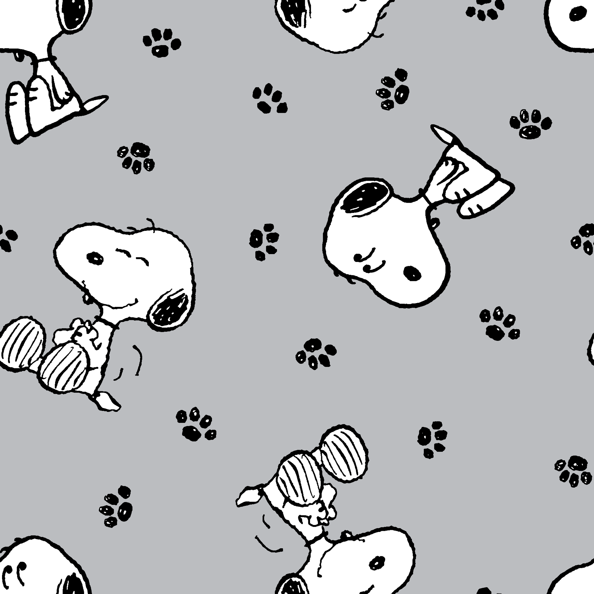 Snoopy with black ears on gray background with paw prints, in various poses tiled preview square