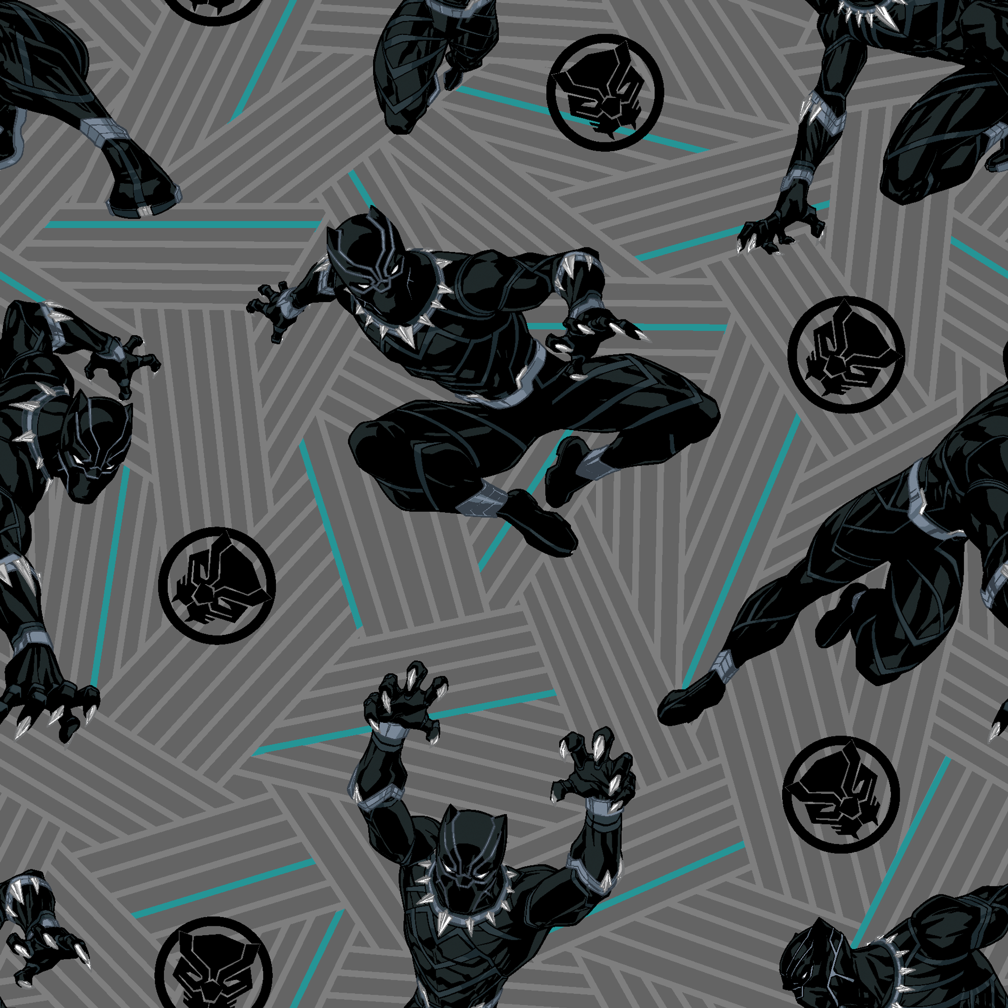 Black superhero figure in dynamic poses against gray geometric background with teal accents and circular emblems tiled preview square