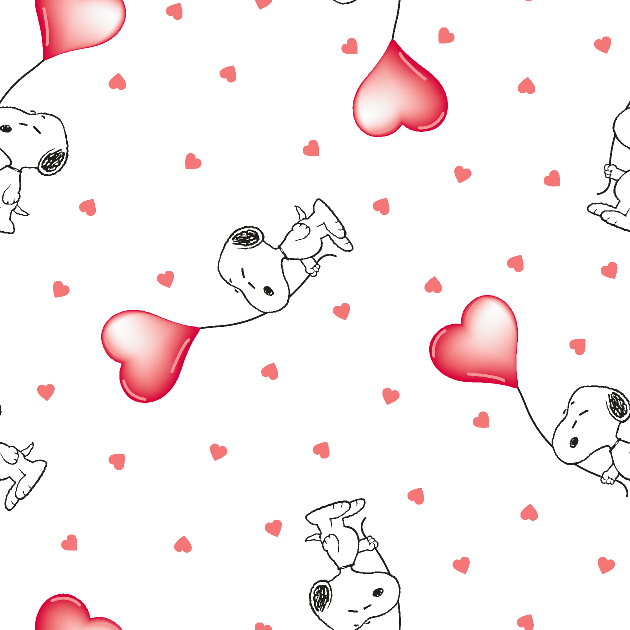 Cute Snoopy holding heart-shaped balloons with small hearts scattered on white background tiled preview square